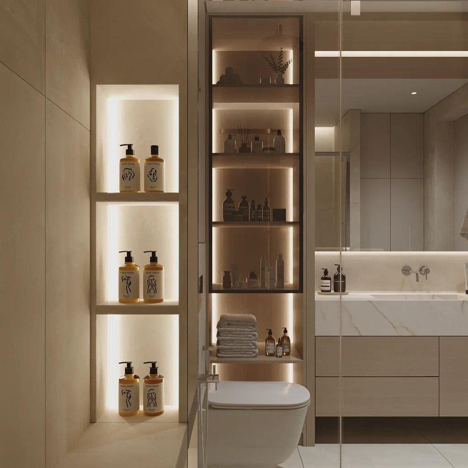 Modern Beige Bathroom with Illuminated Shelves