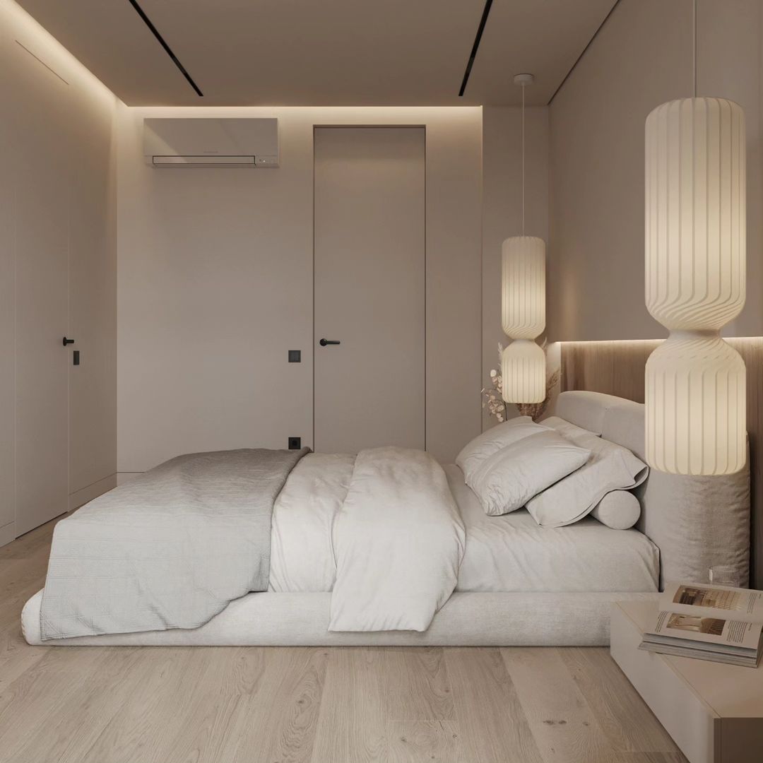 A modern and minimalist bedroom design with harmonious beige tones