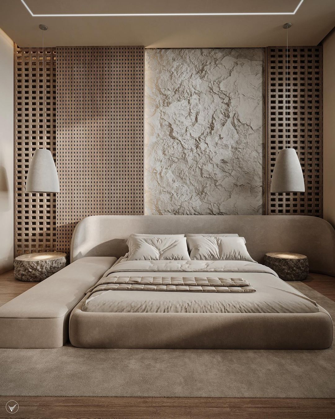 A modern bedroom featuring a plush beige bed