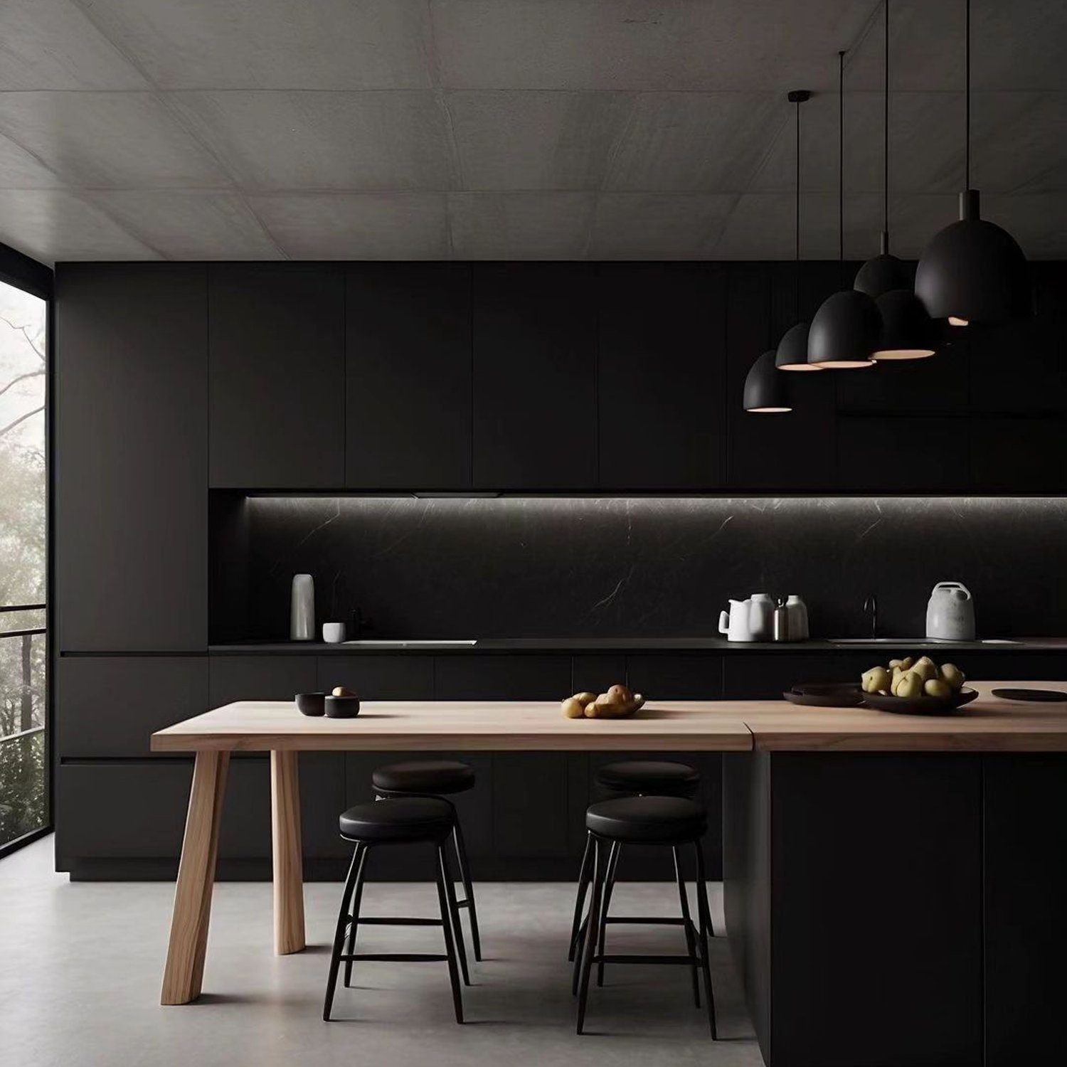 A modern, minimalistic kitchen featuring matte black cabinetry and appliances, with a contrasting wooden island