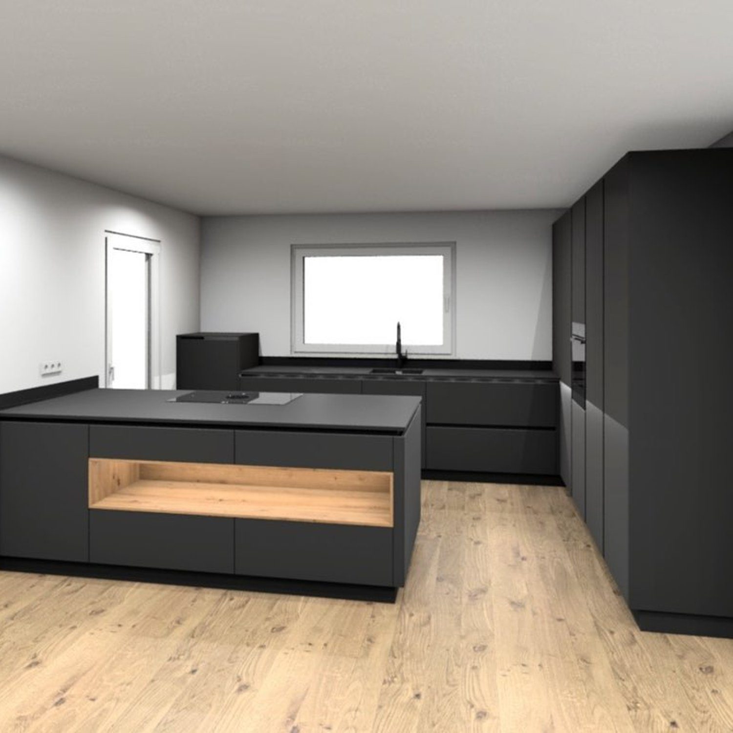 A sleek and modern kitchen design featuring black cabinetry, a central island, and light wooden flooring.