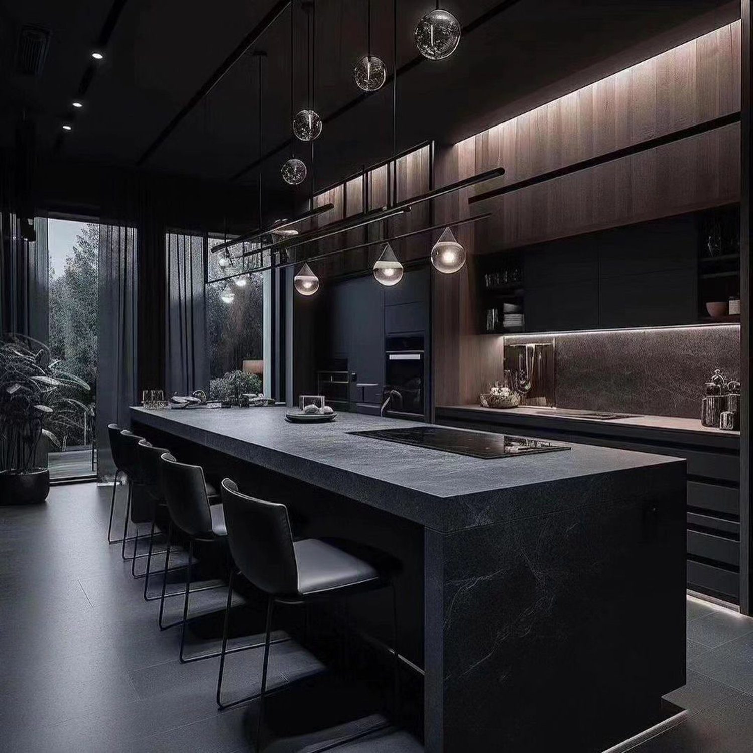 Sleek and modern black kitchen with panoramic windows