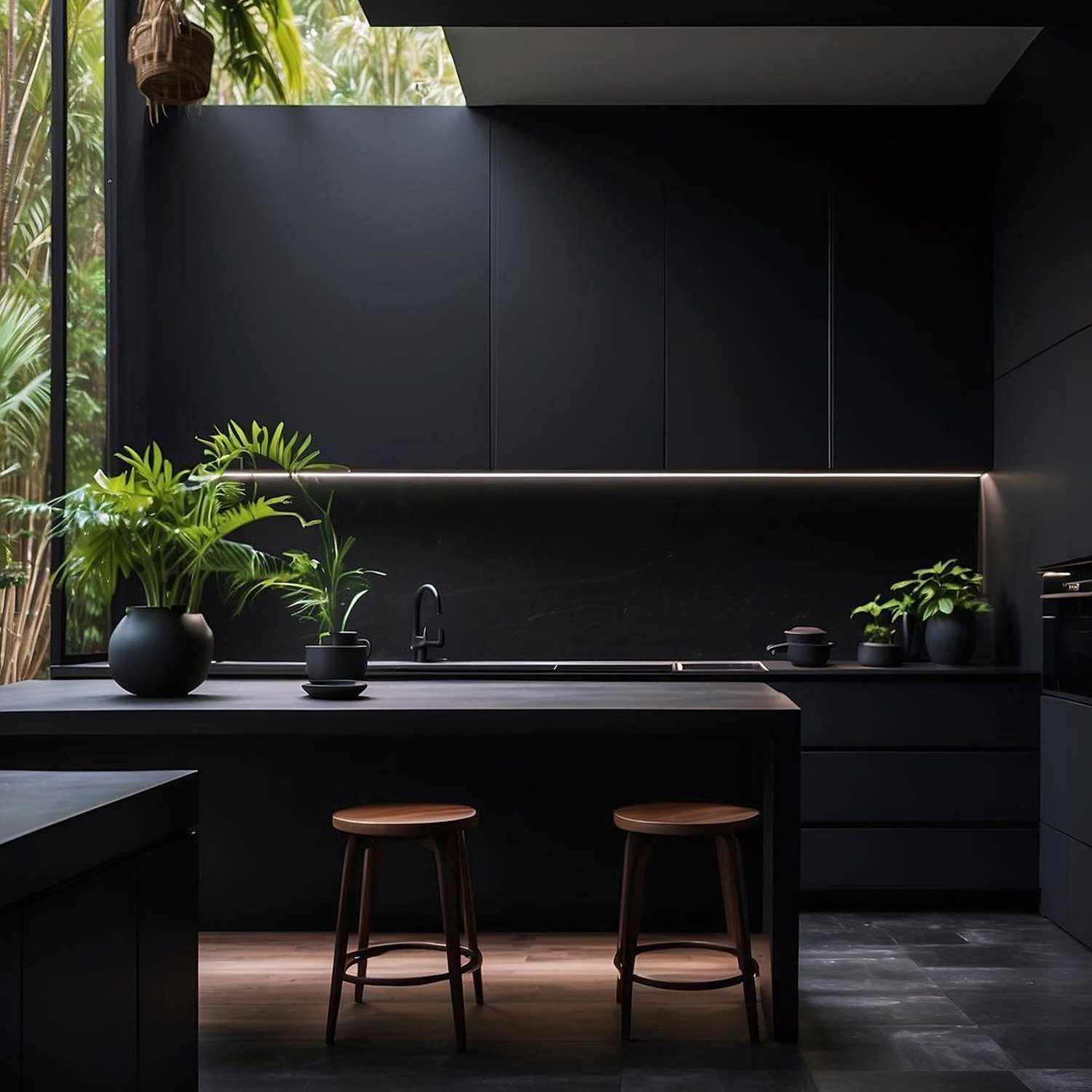 Sleek modern kitchen with an emphasis on dark tones and natural light