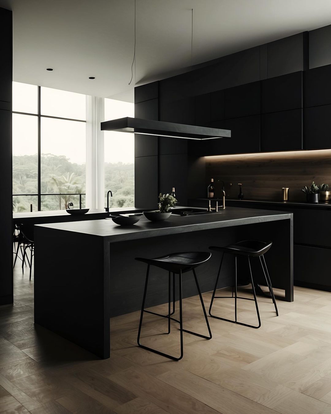 A modern and sleek kitchen design, featuring black cabinetry and a kitchen island with minimalist stools.