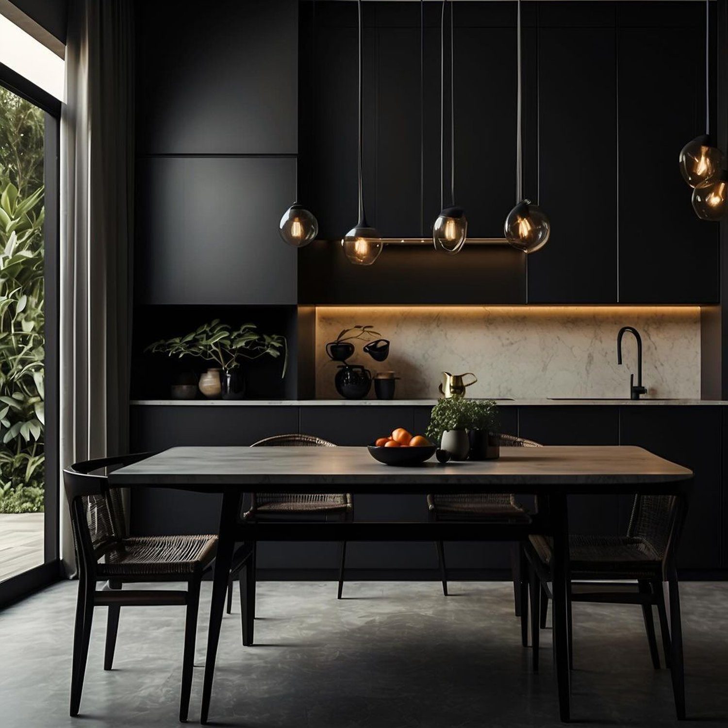 Elegant and modern kitchen design with sleek black cabinetry and appliances, a minimalist dining table and chairs set, highlighted by warm pendant lighting.