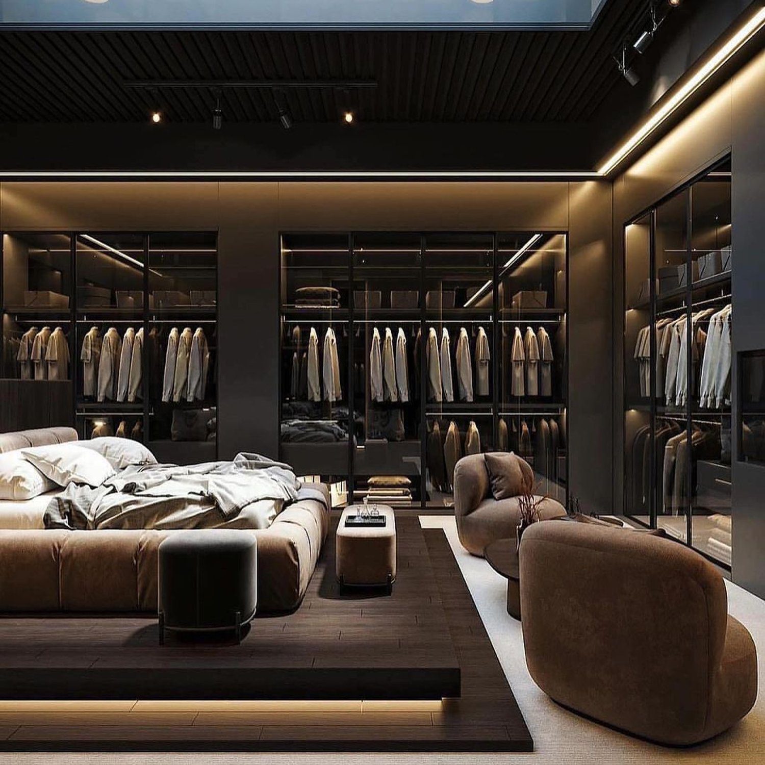 Luxurious boutique interior with plush seating and sleek clothing displays