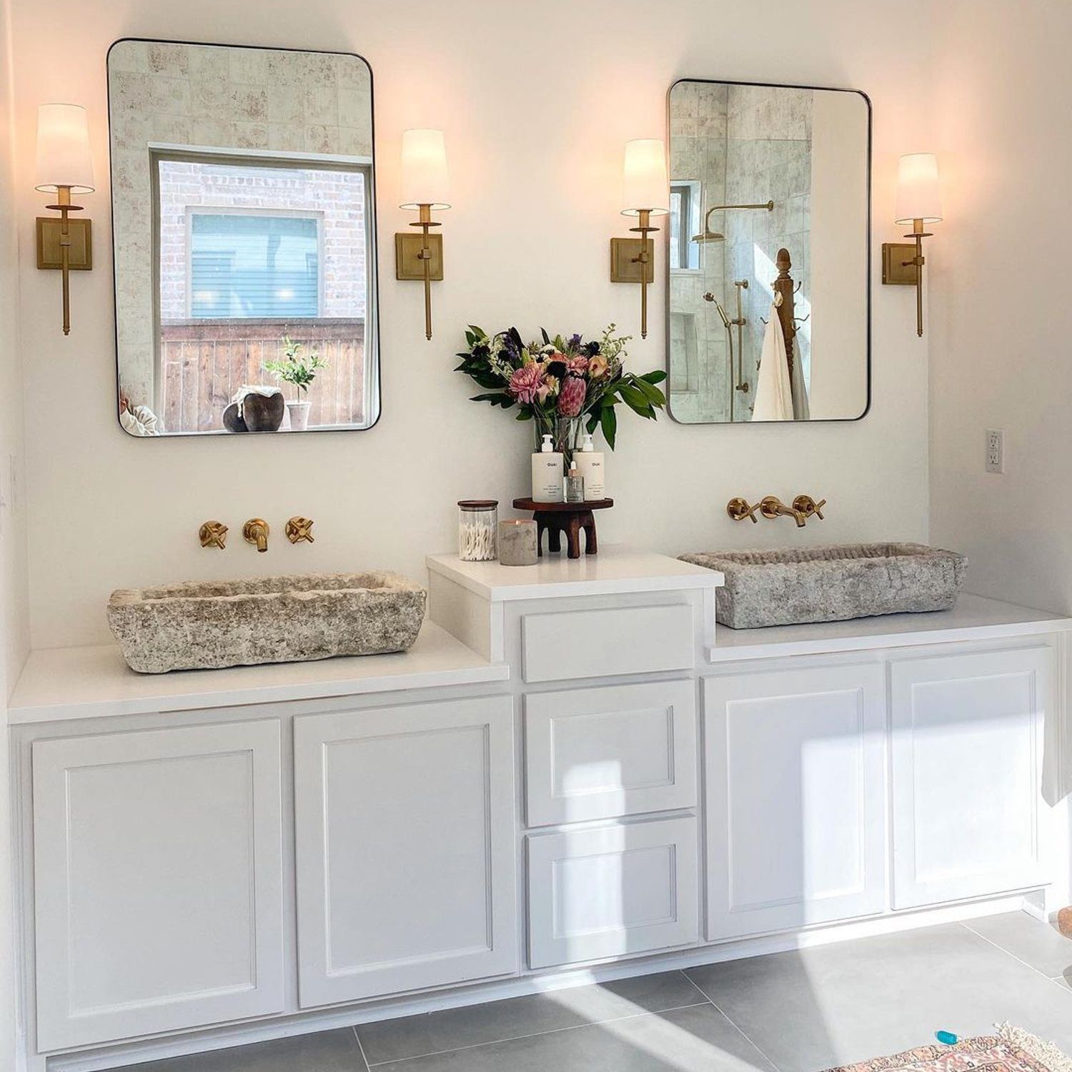 Elegant minimalist bathroom with dual sinks and stylish decor