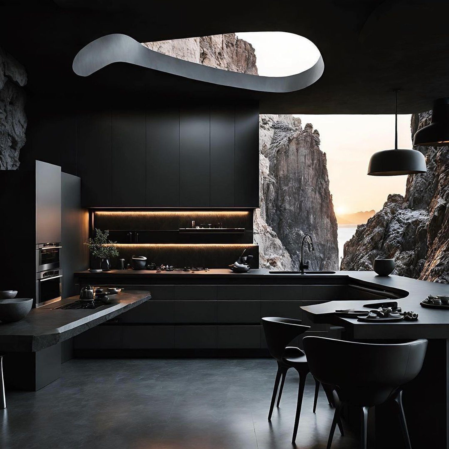 A modern kitchen seamlessly blends with the rugged beauty of a cliffside, with its sleek black cabinetry and countertops contrasting the natural rock formation outside.