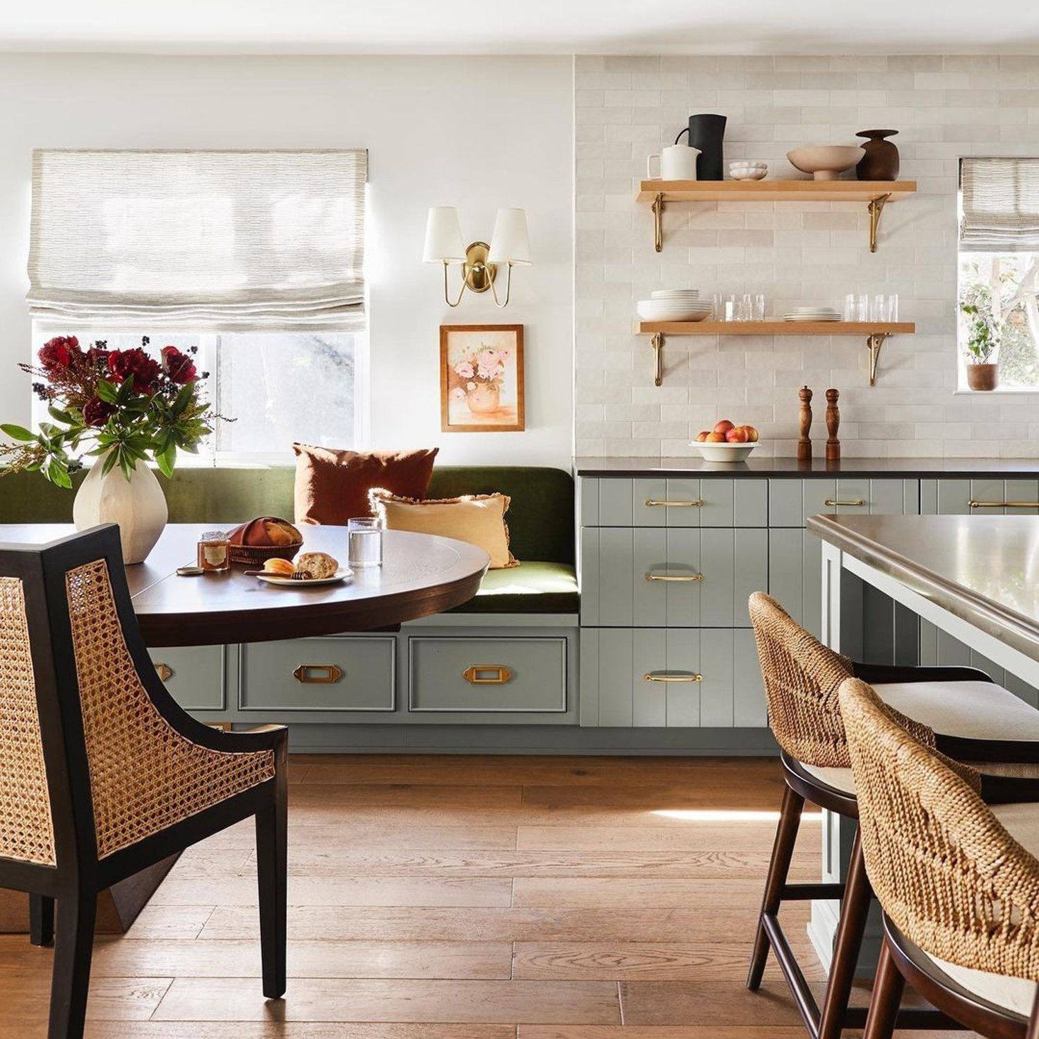 A modern and cozy kitchen with a warm color palette