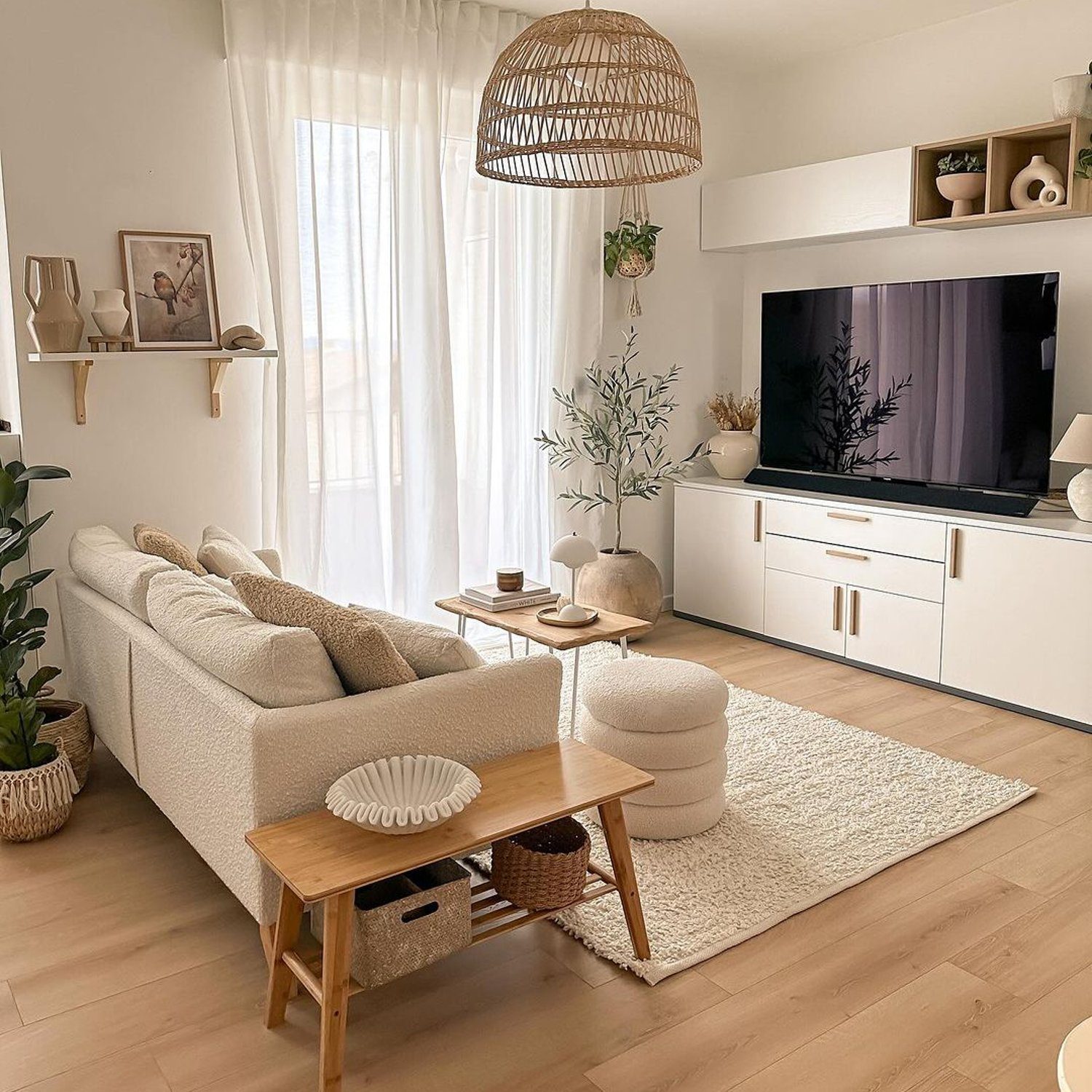 A modern and cozy living room with a warm interior design