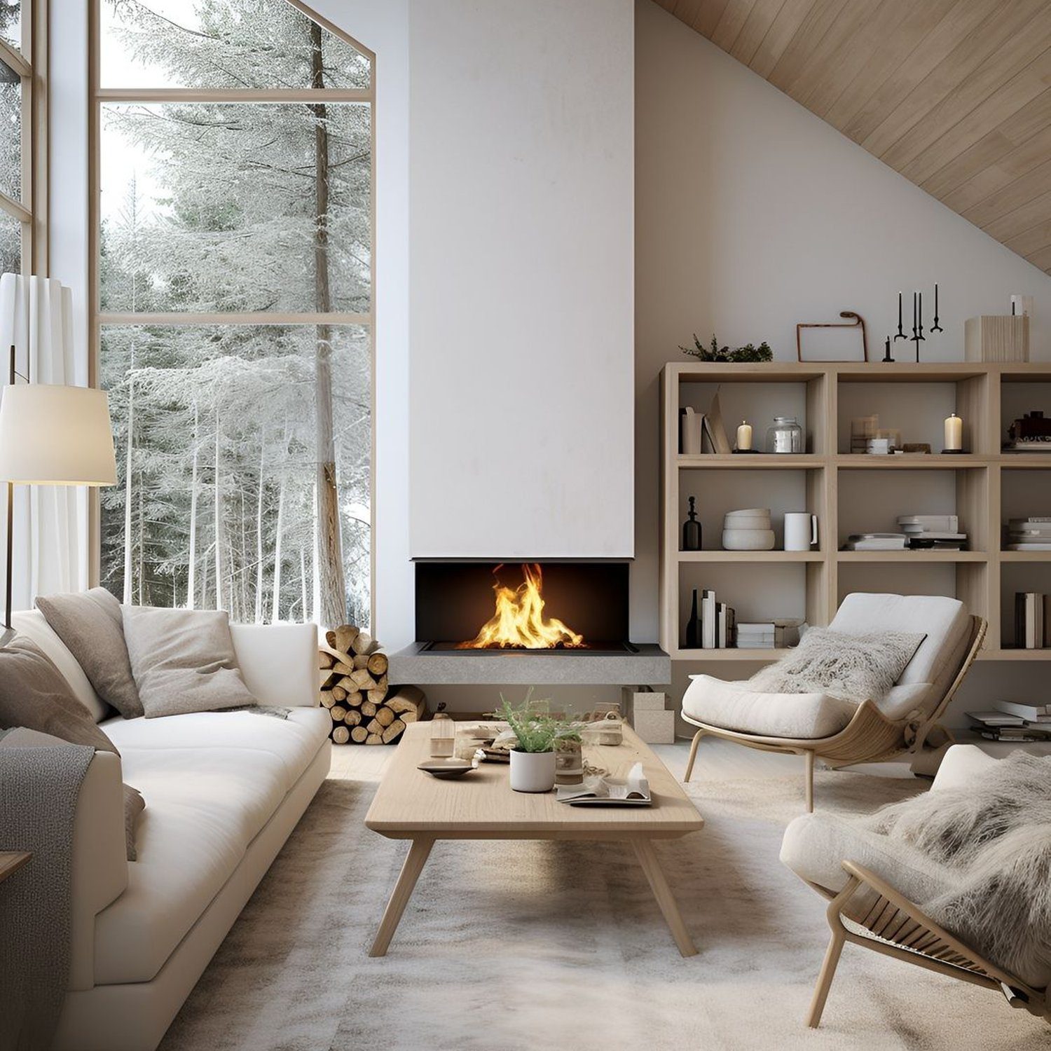 A modern, cozy living room with a fireplace and a winter forest view