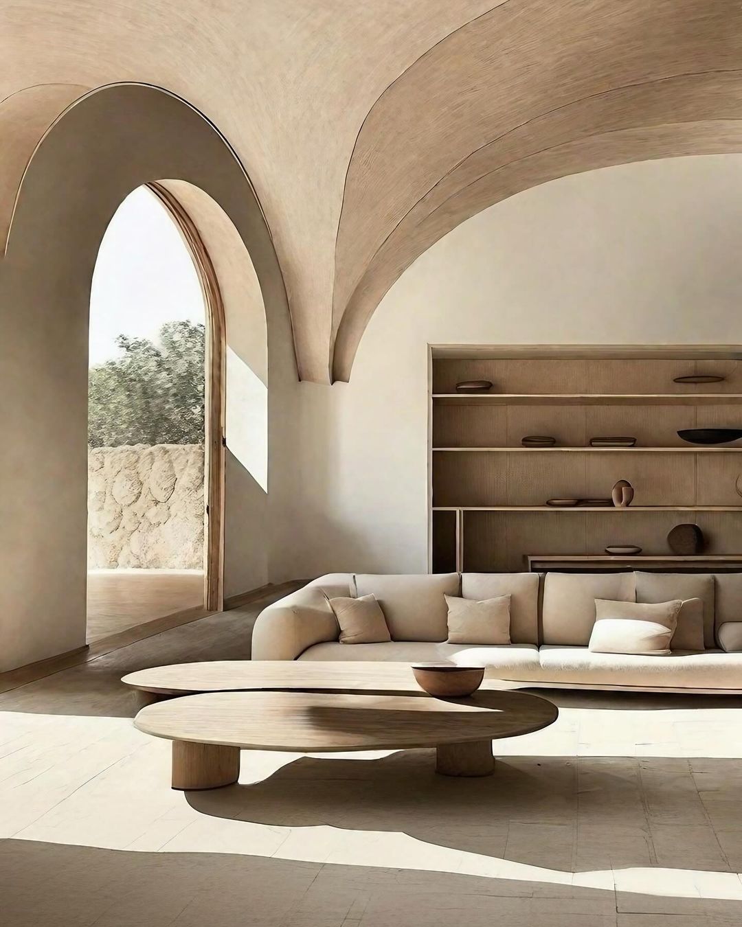 A serene and architecturally fluid living space with curvilinear forms and earth tones.