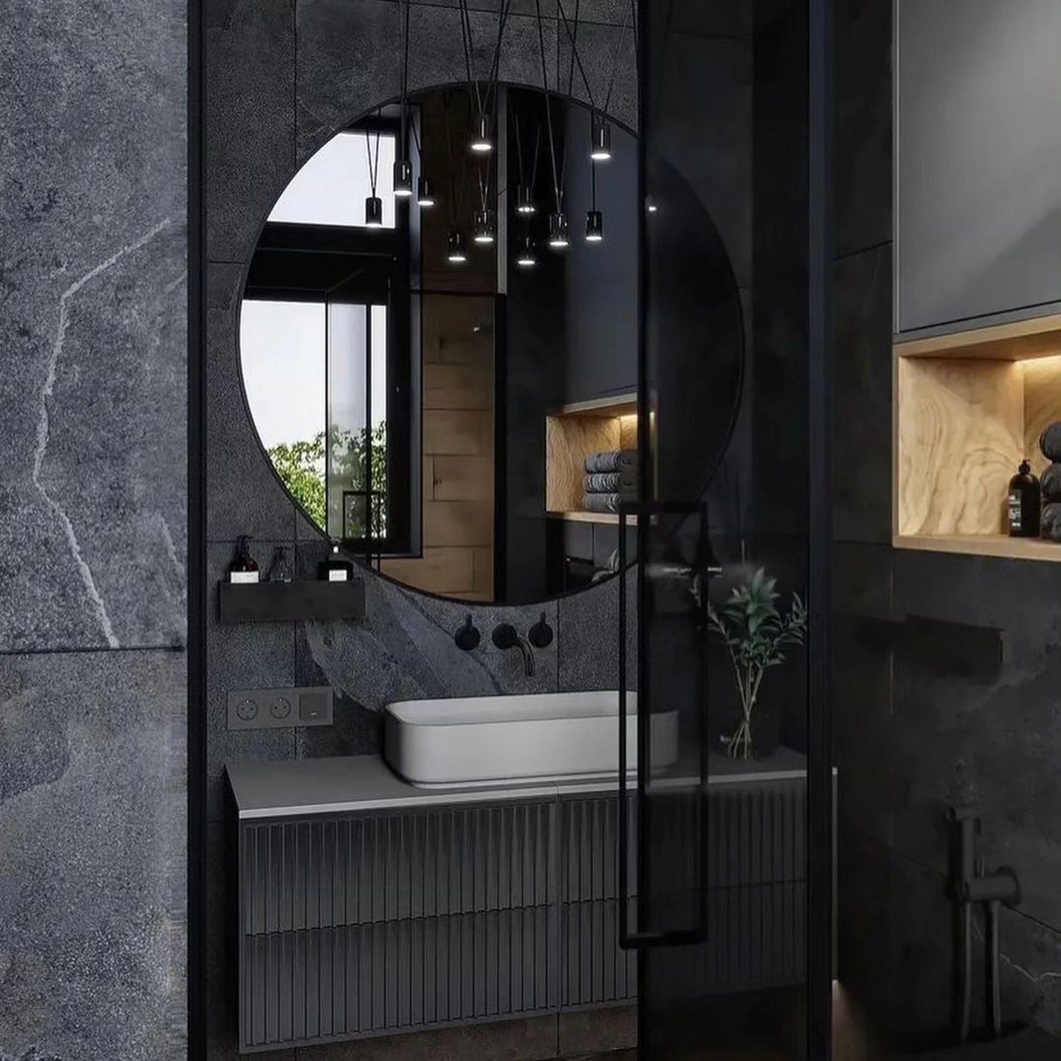 A sleek and modern bathroom design with a dominating dark color palette.