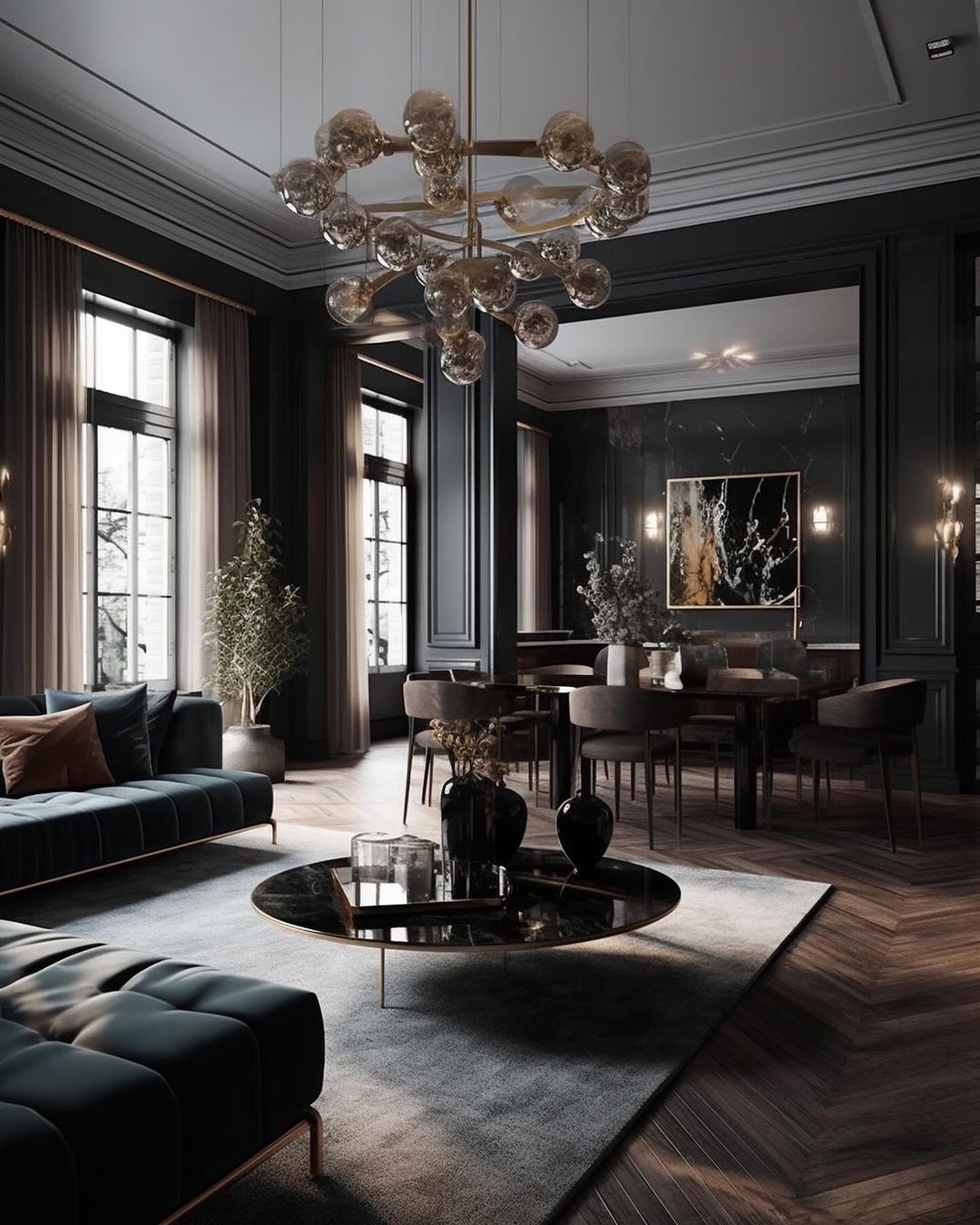 Luxurious dark-toned living room with gold accents