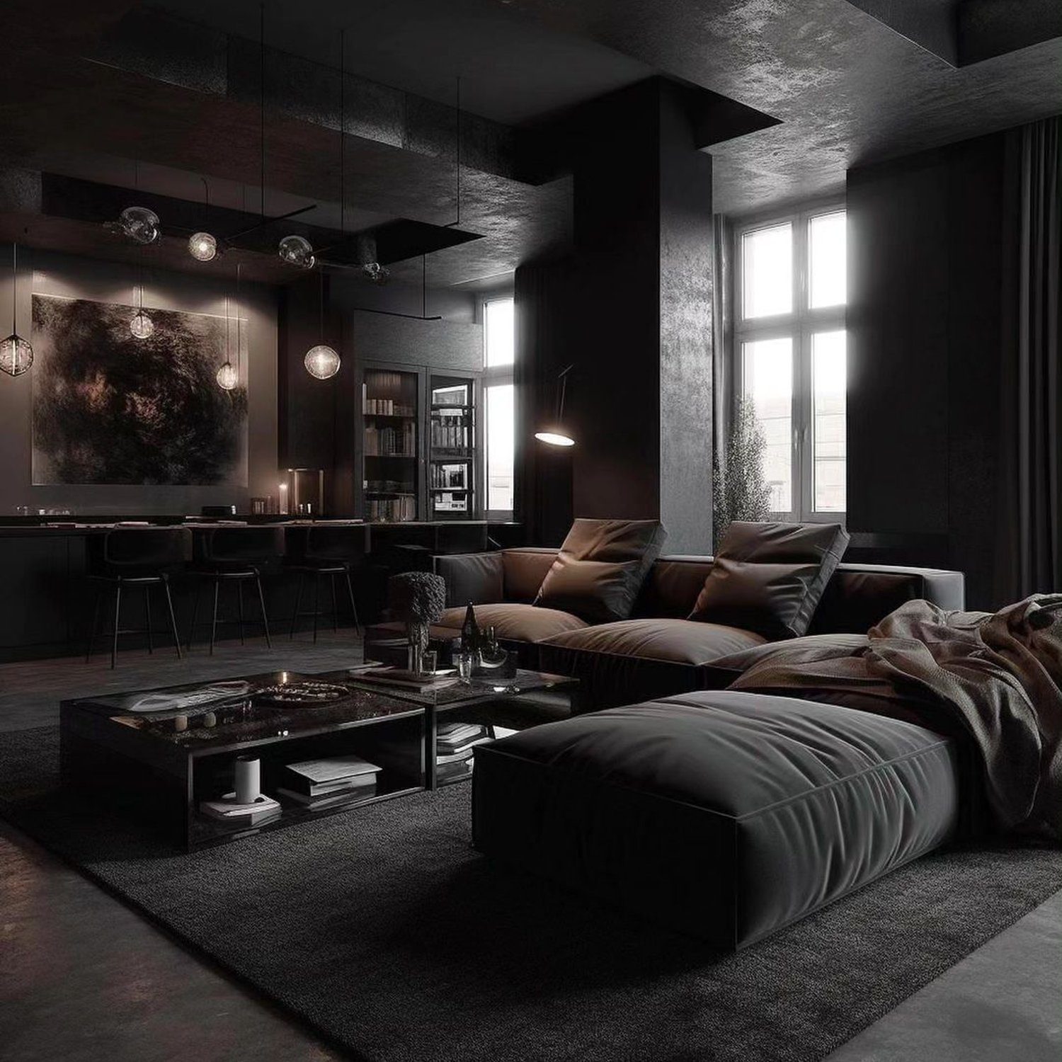 A luxurious living room with monochromatic dark theme