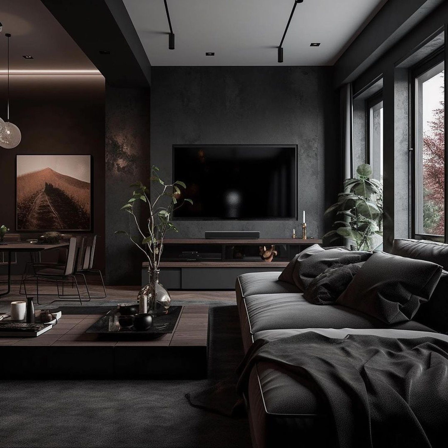 A chic and sophisticated living room with dark tones