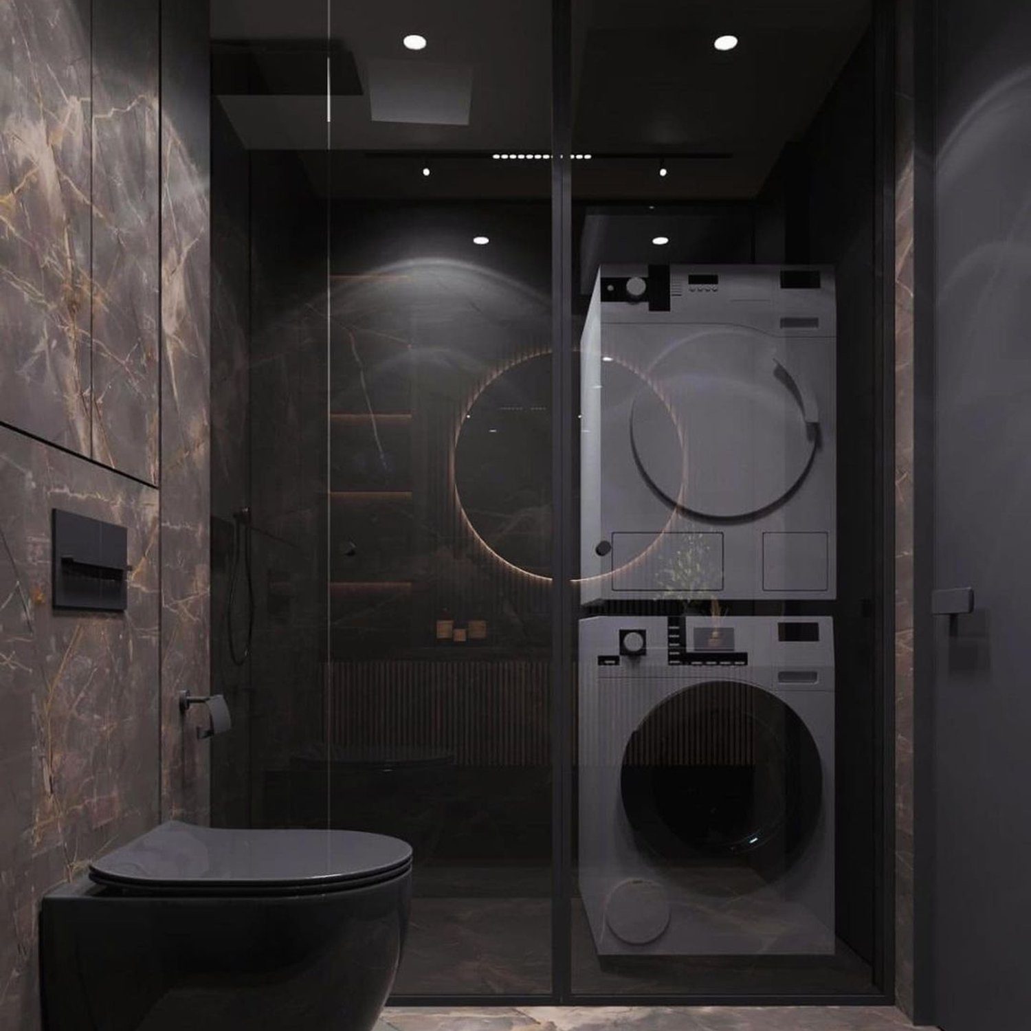 A stylish modern bathroom featuring dark tones and luxurious finishes