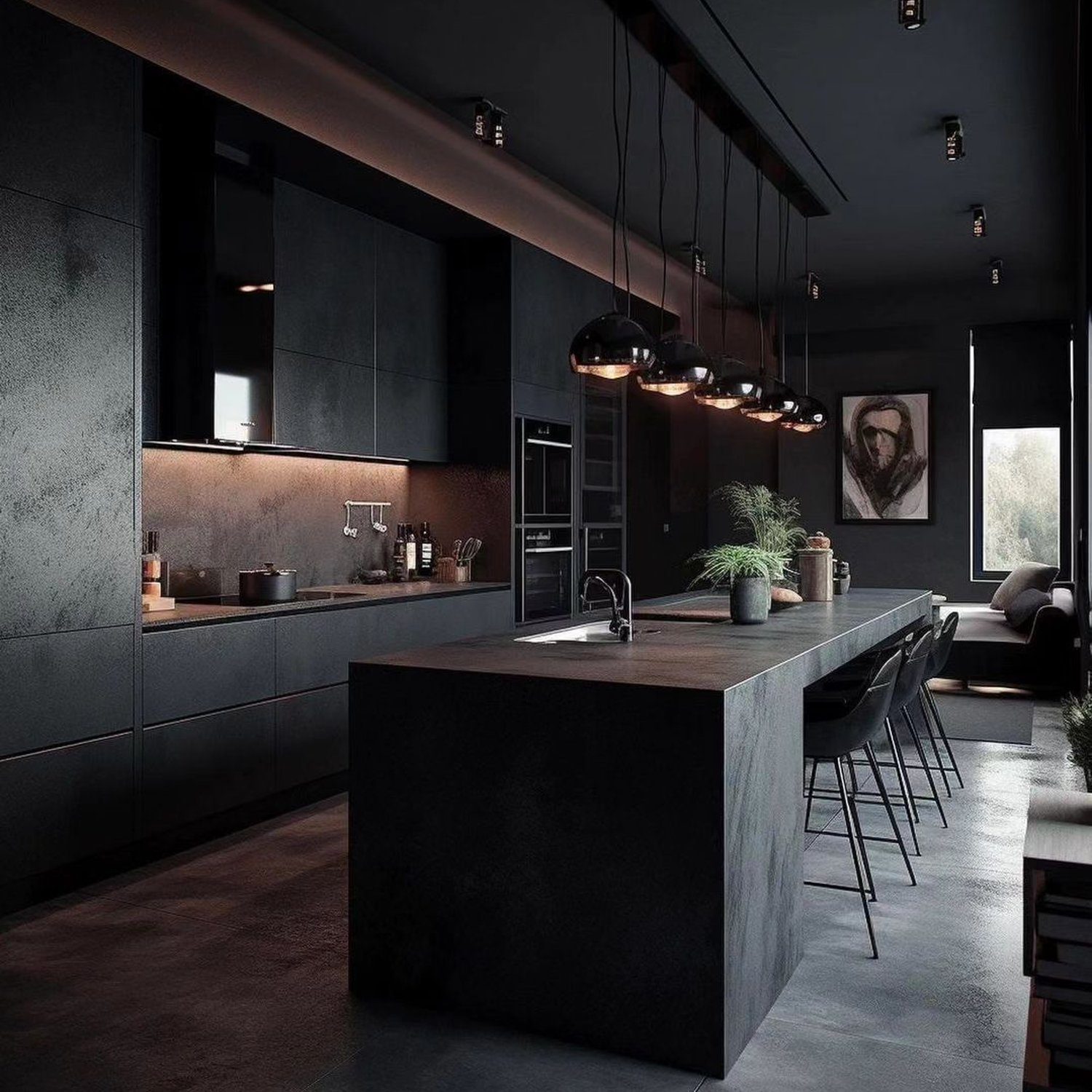 Stylish modern kitchen with dark tones and industrial elements