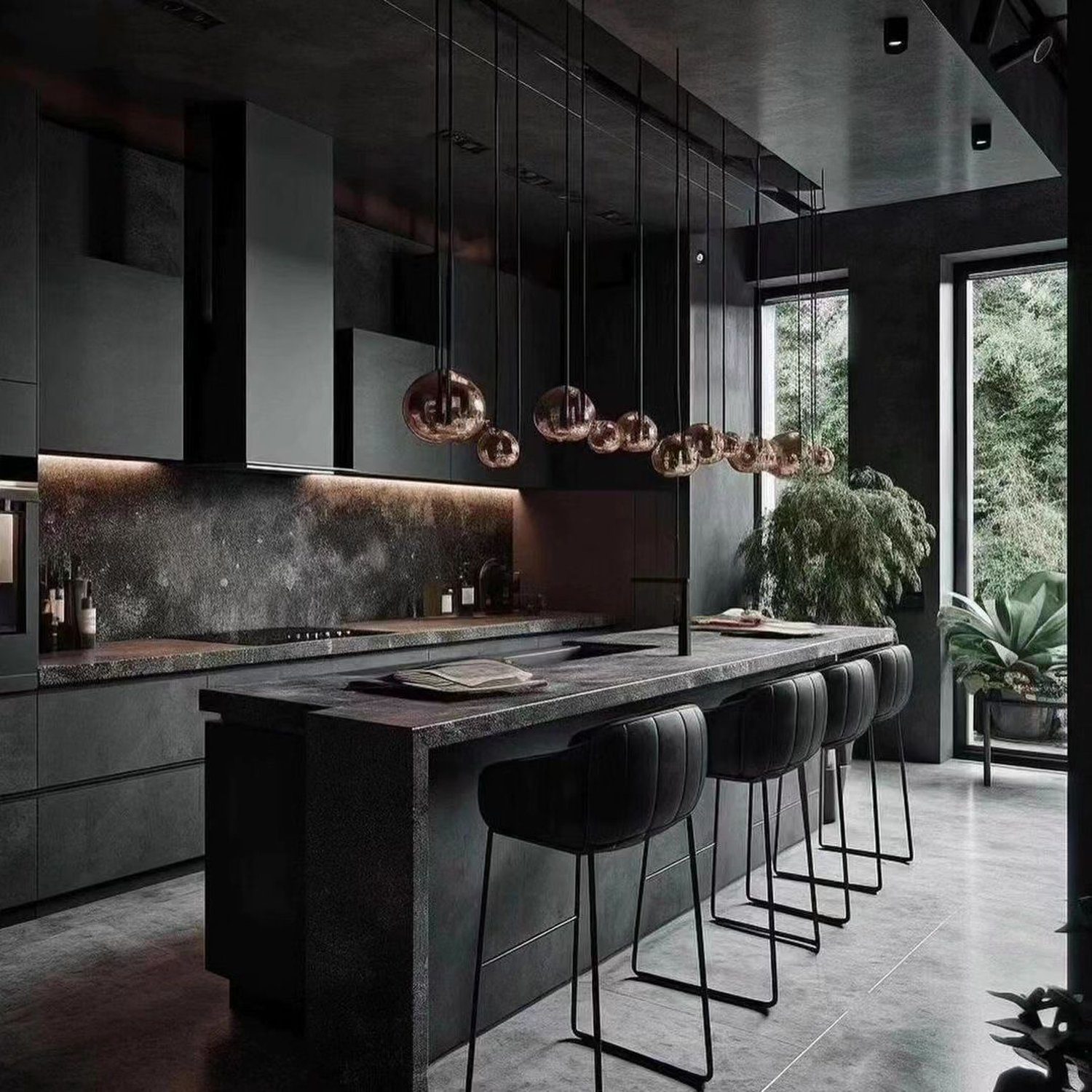 A modern kitchen design featuring dark tones and sleek finishes