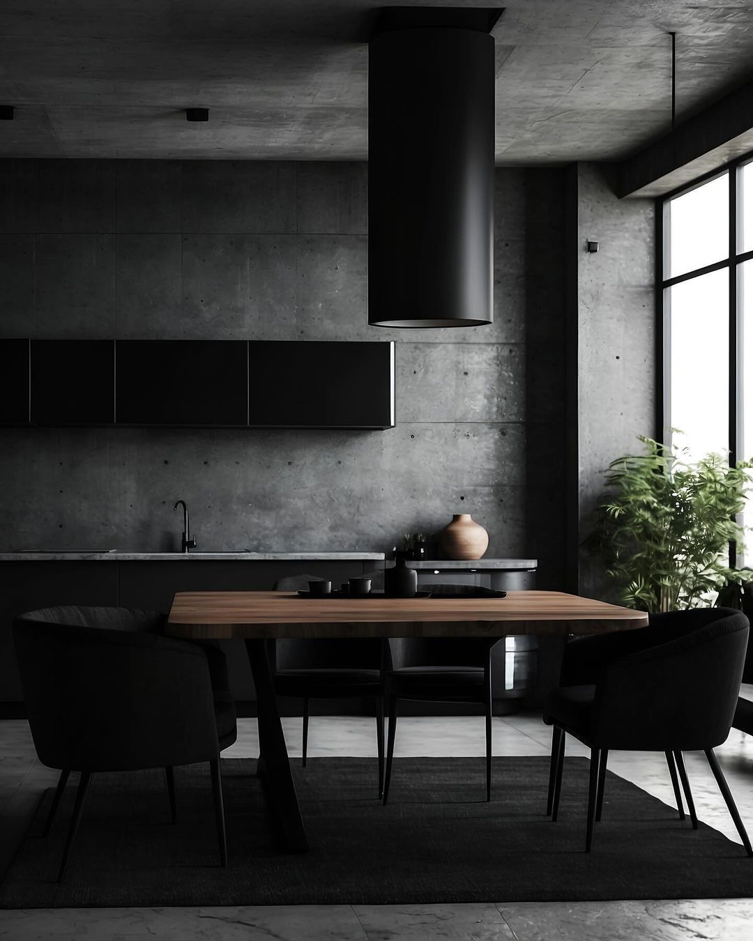 A sleek and contemporary kitchen design with a harmonious blend of dark tones and natural wood.