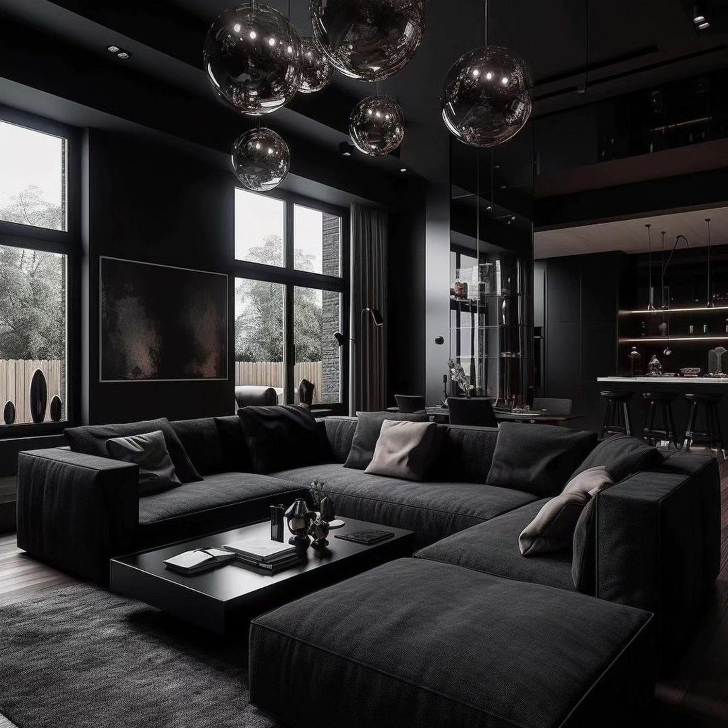 Elegant and modern living room with monochromatic dark tones