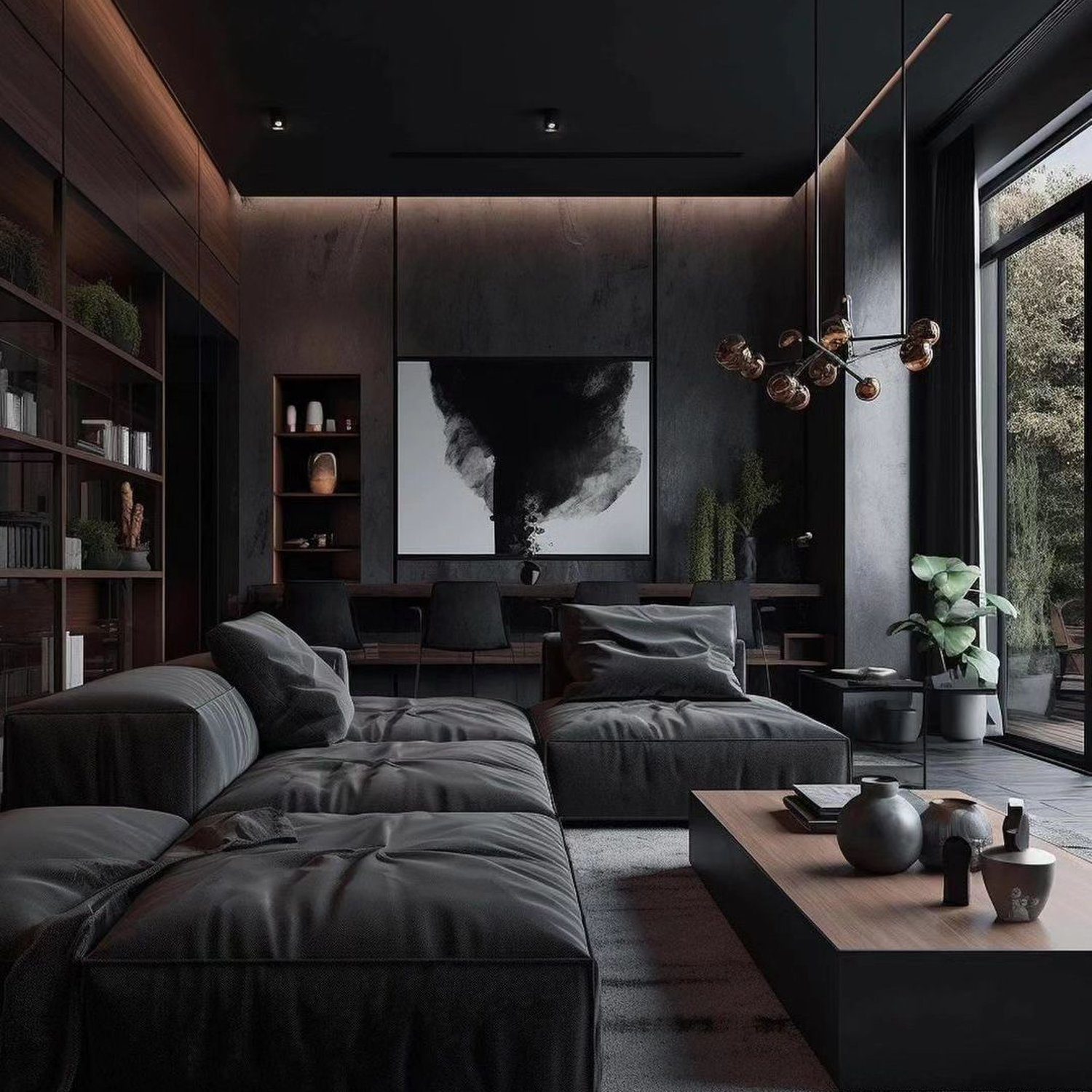 Modern dark-toned living room with plush furnishings