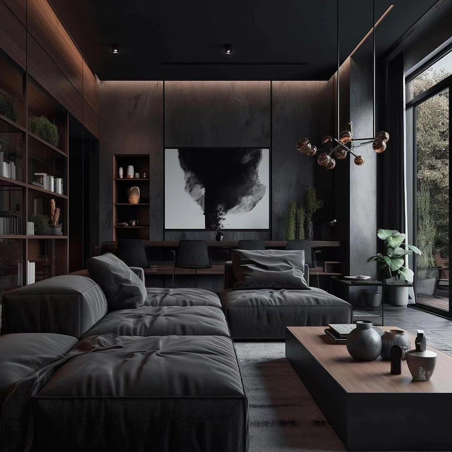 Elegant modern living room with dark tones