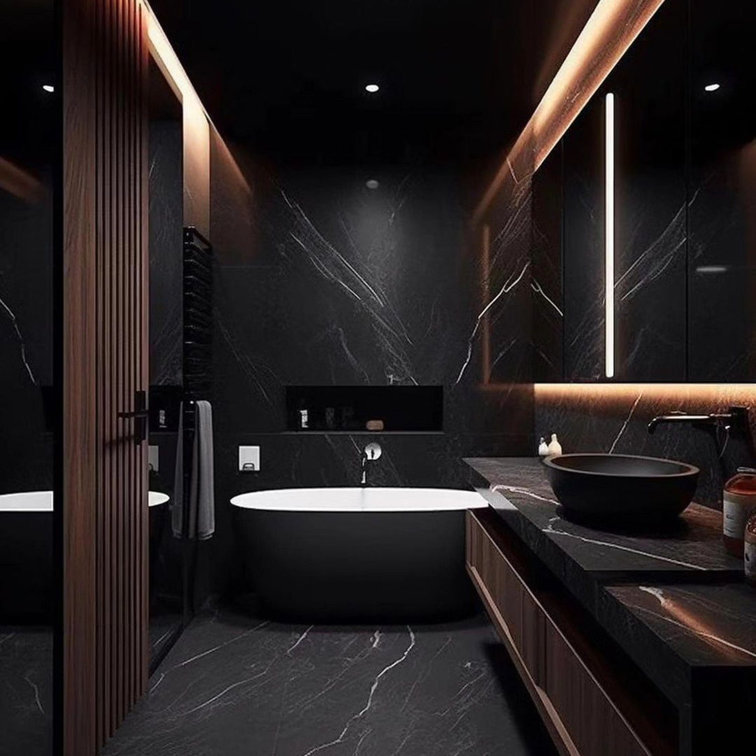 Luxuriously dark bathroom with elegant marble details