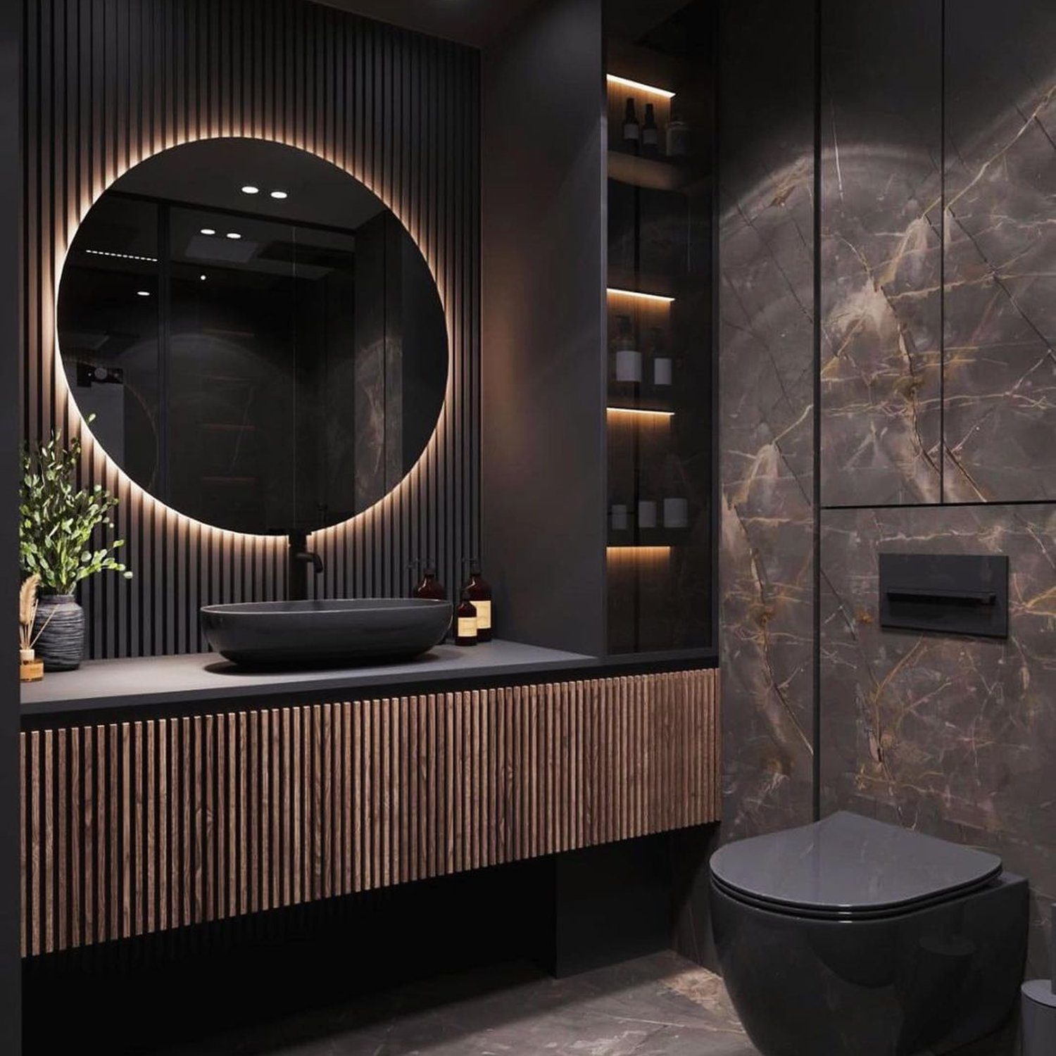 Elegant modern bathroom with sophisticated dark tones