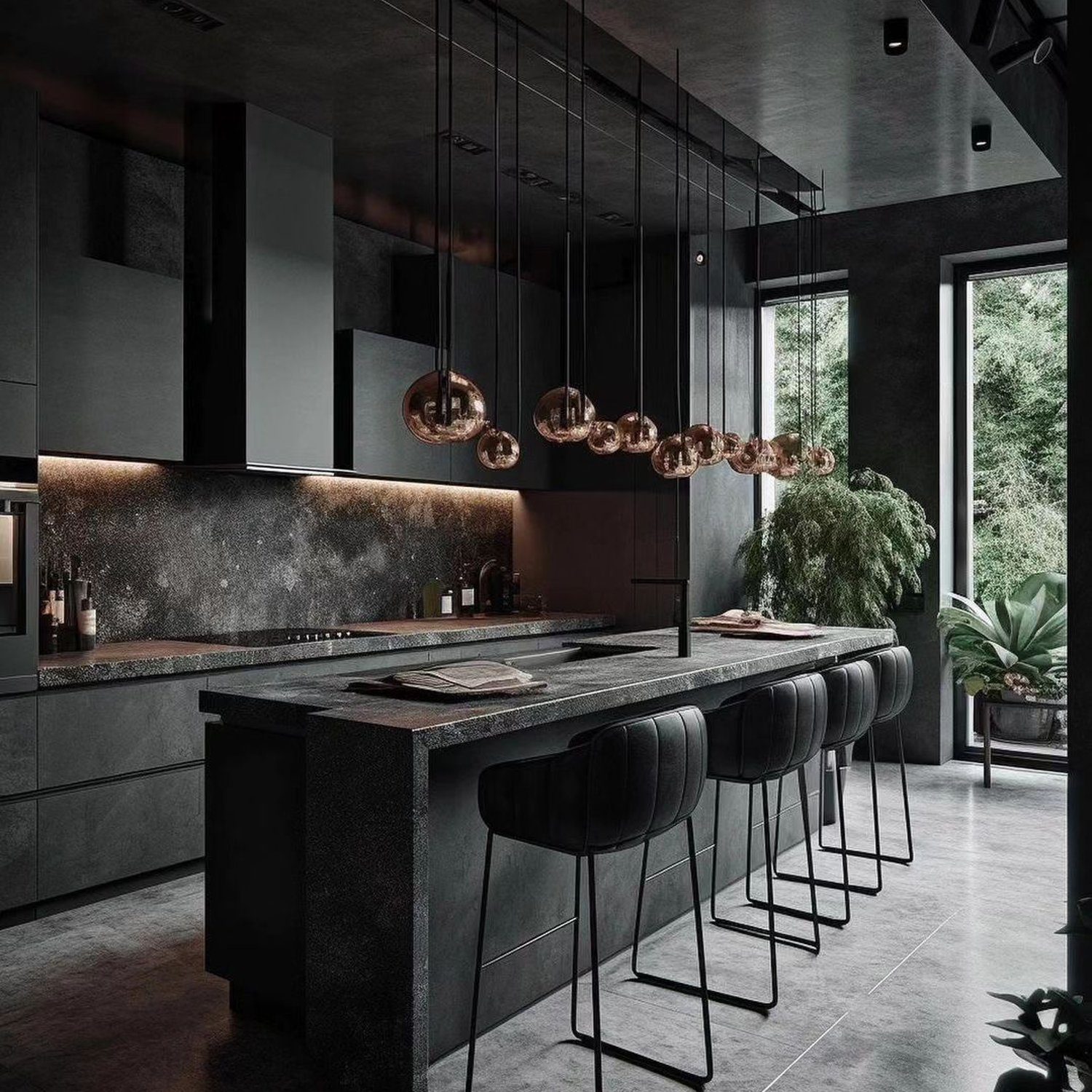 A modern kitchen with dark tones and copper accents