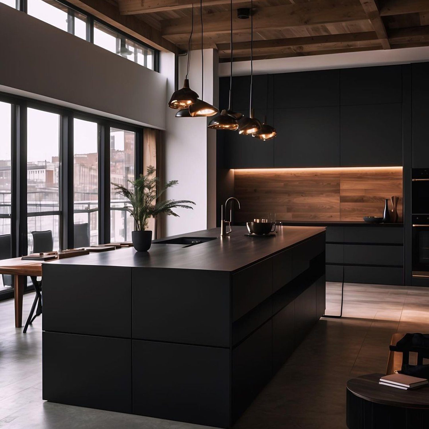 A modern kitchen with sleek dark cabinetry and wooden accents