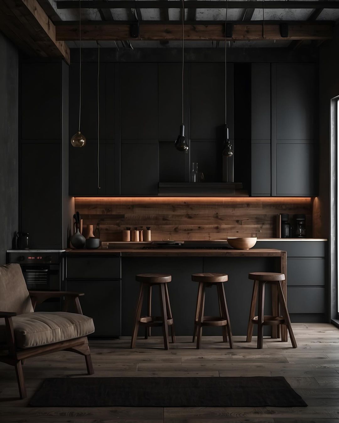 Stylish modern kitchen with dark-toned cabinets and exposed wooden beams