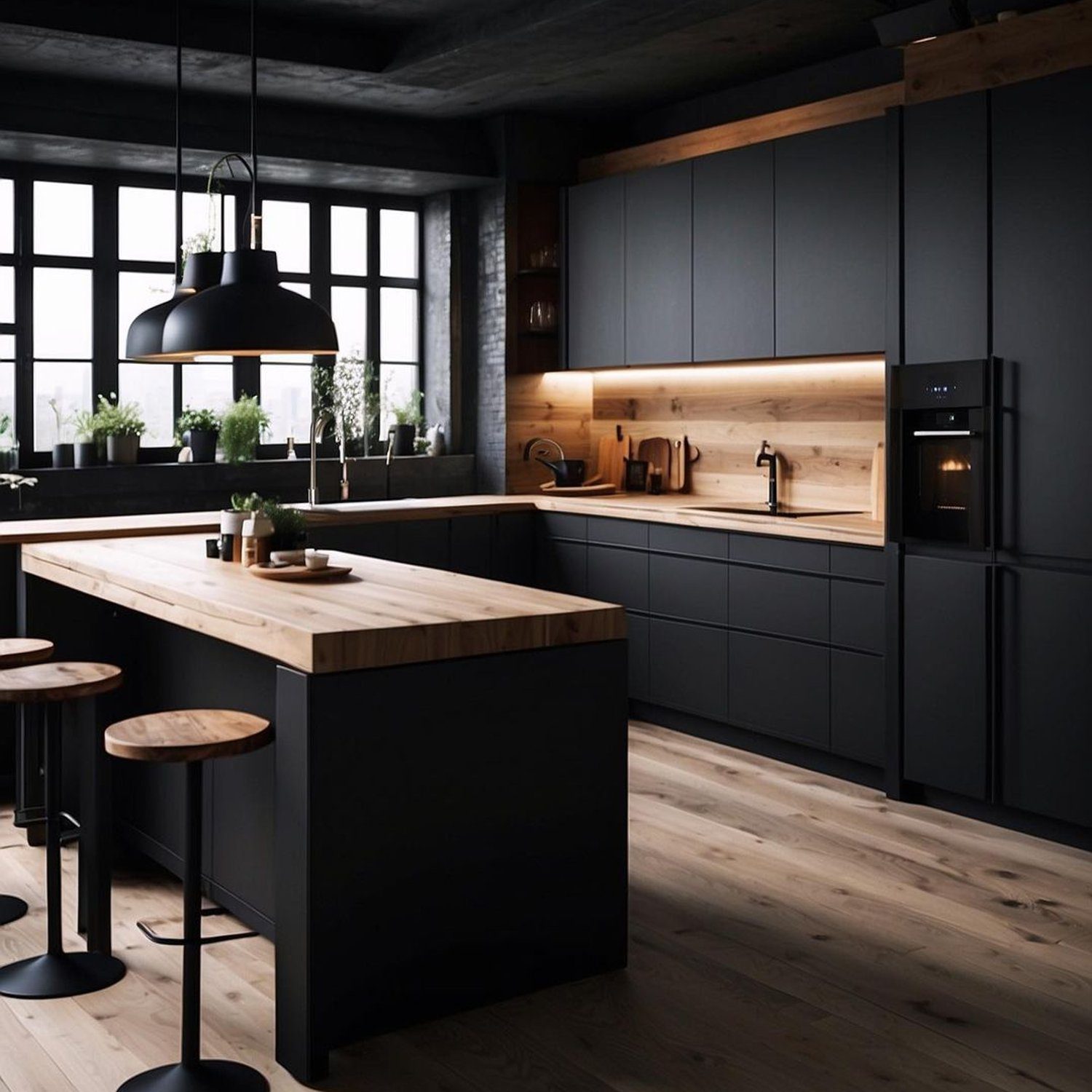 A modern kitchen with dark cabinetry and wooden accents