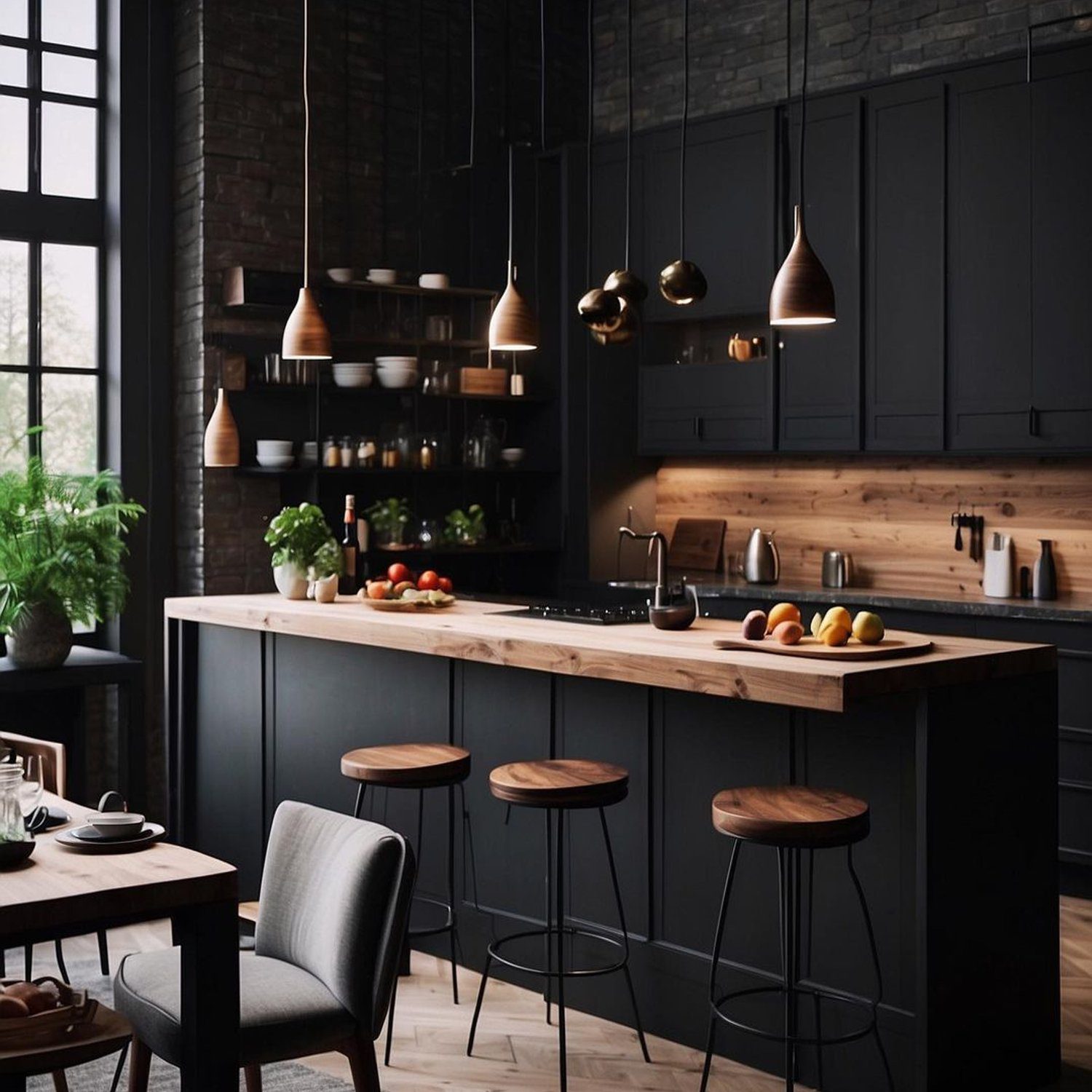 Contemporary kitchen design with dark cabinetry and natural wood accents