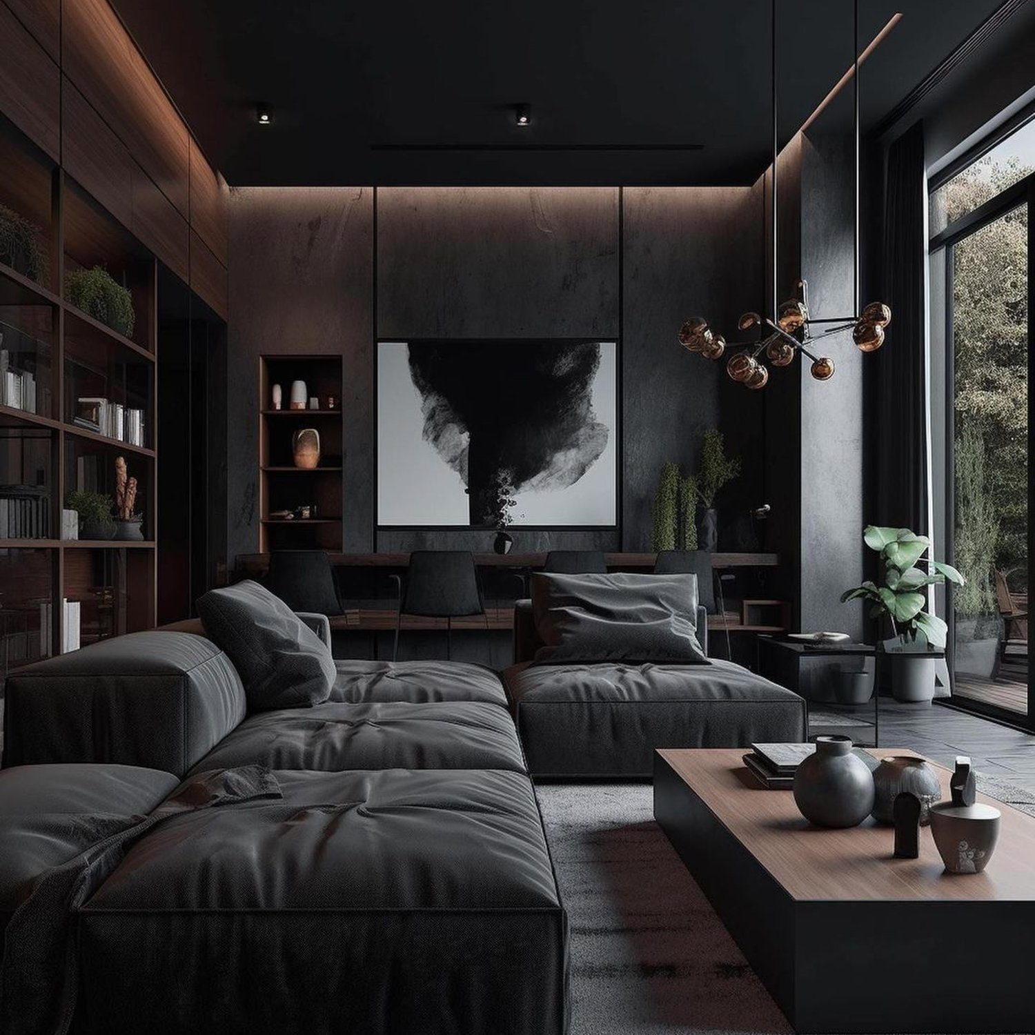 A modern living room with a monochromatic dark color scheme