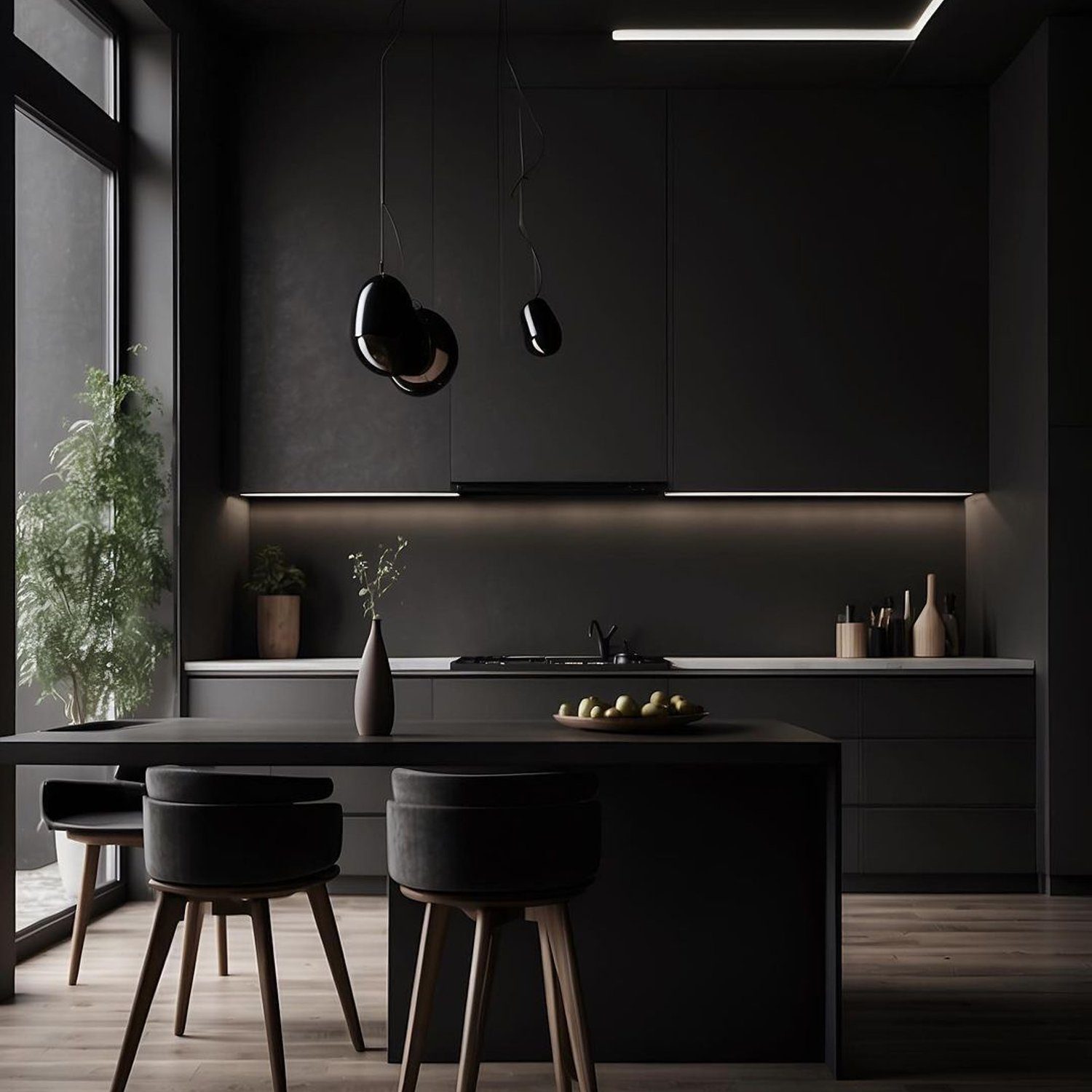 A modern kitchen with a dark monochrome color scheme