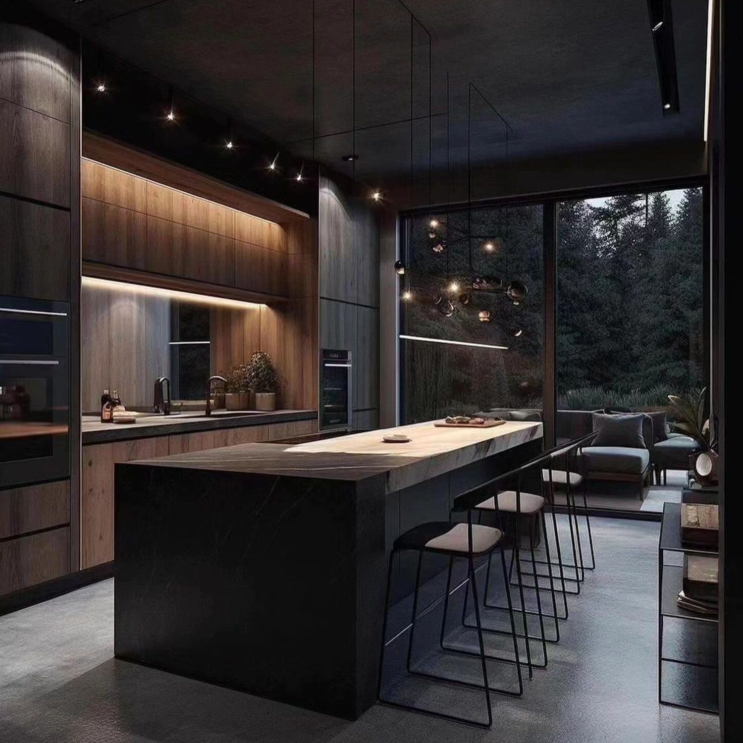 A sleek modern kitchen with dark tones and wood accents