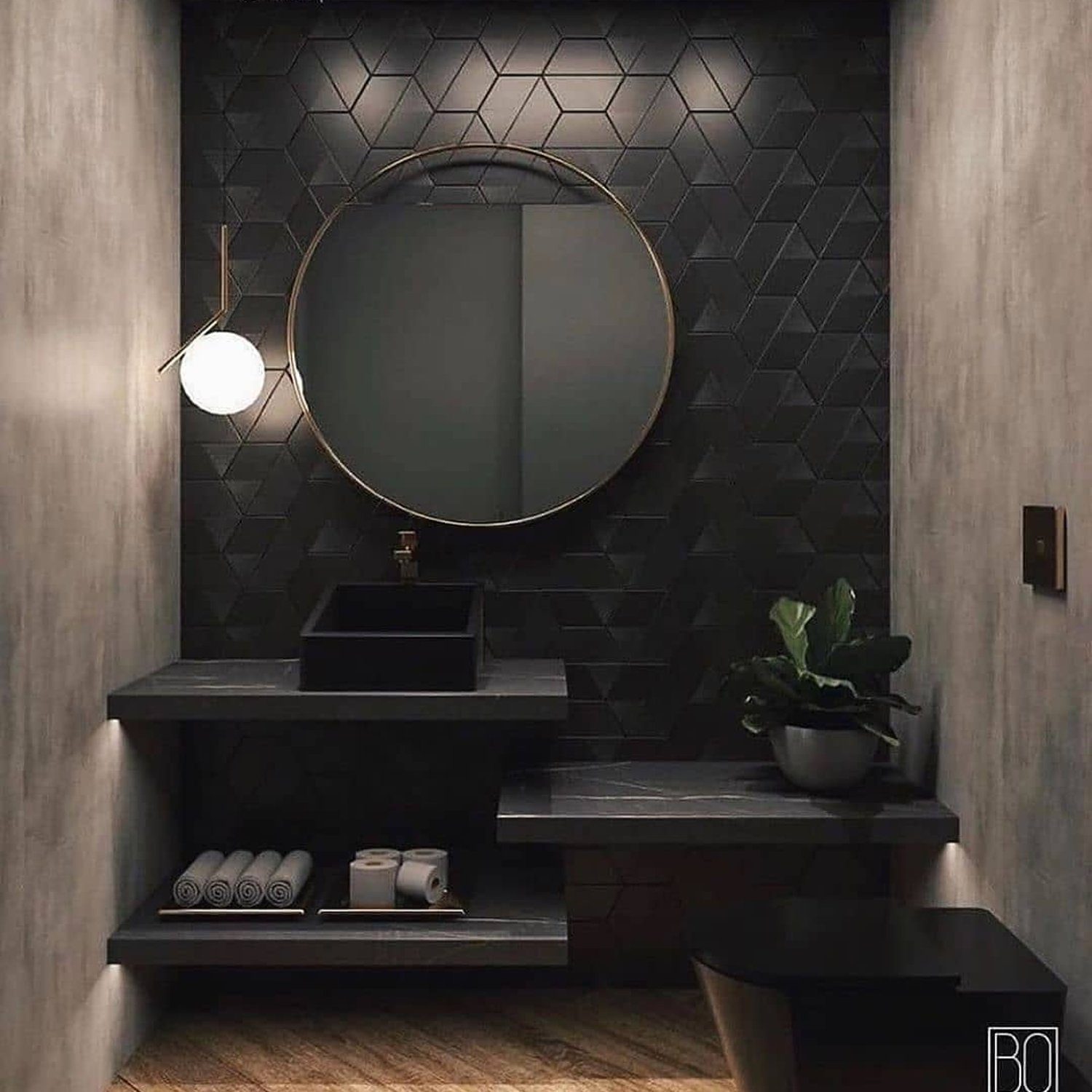 Stylish modern bathroom with monochromatic dark tones