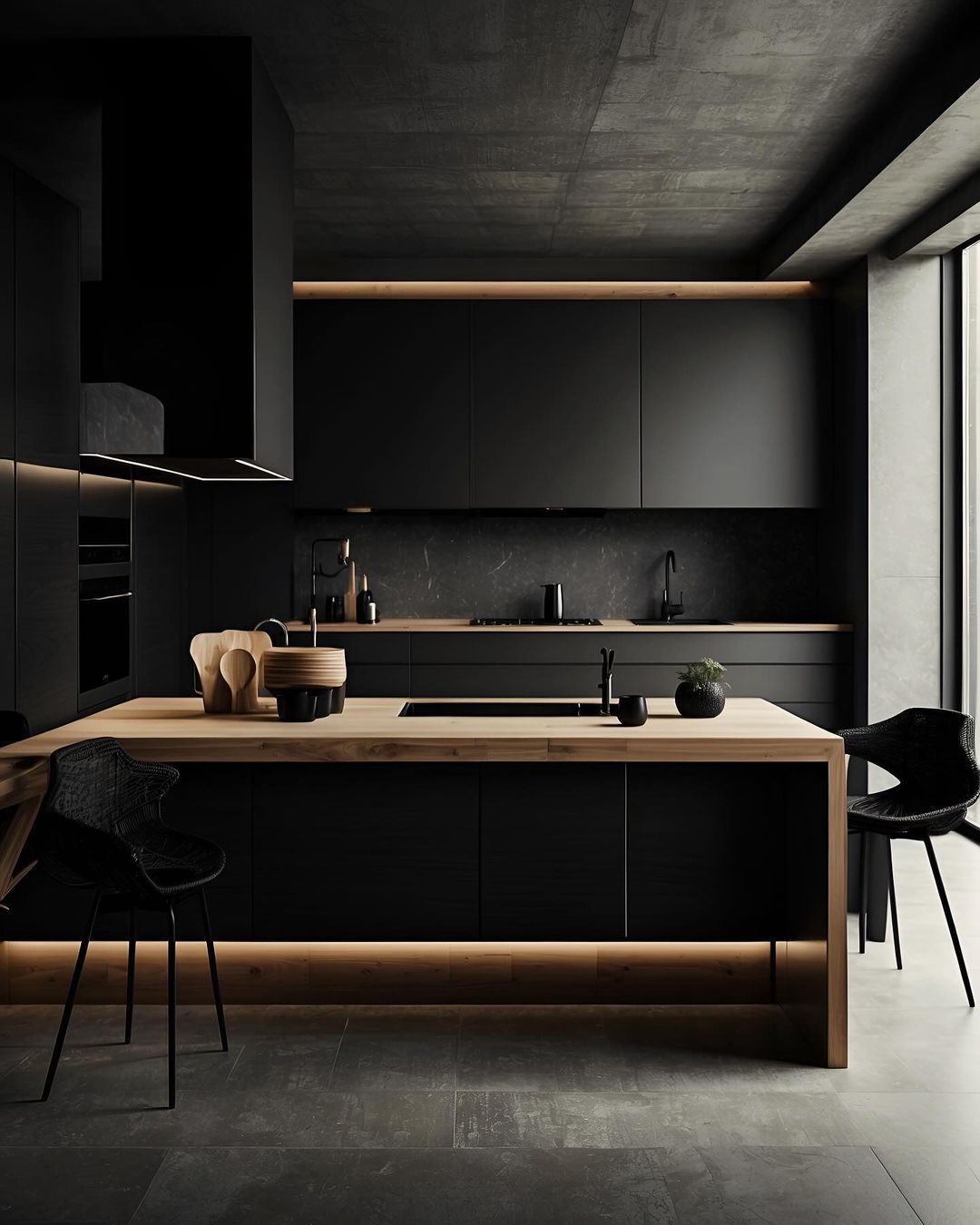 A modern kitchen showcasing a harmonious blend of dark tones and natural wood