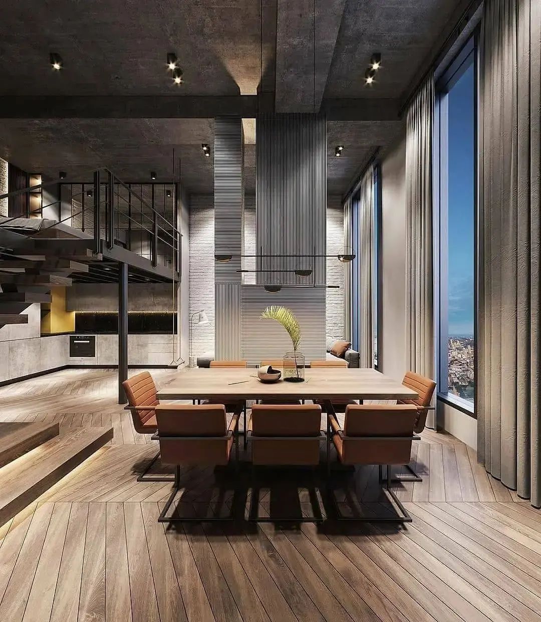 A sleek modern dining area with panoramic views