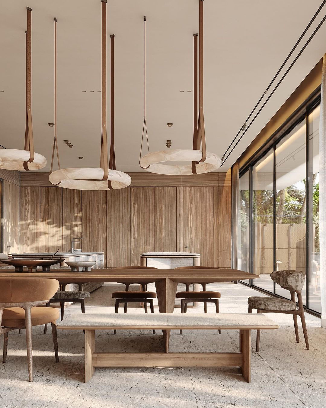 A chic modern dining room blending natural wood and minimalist design elements