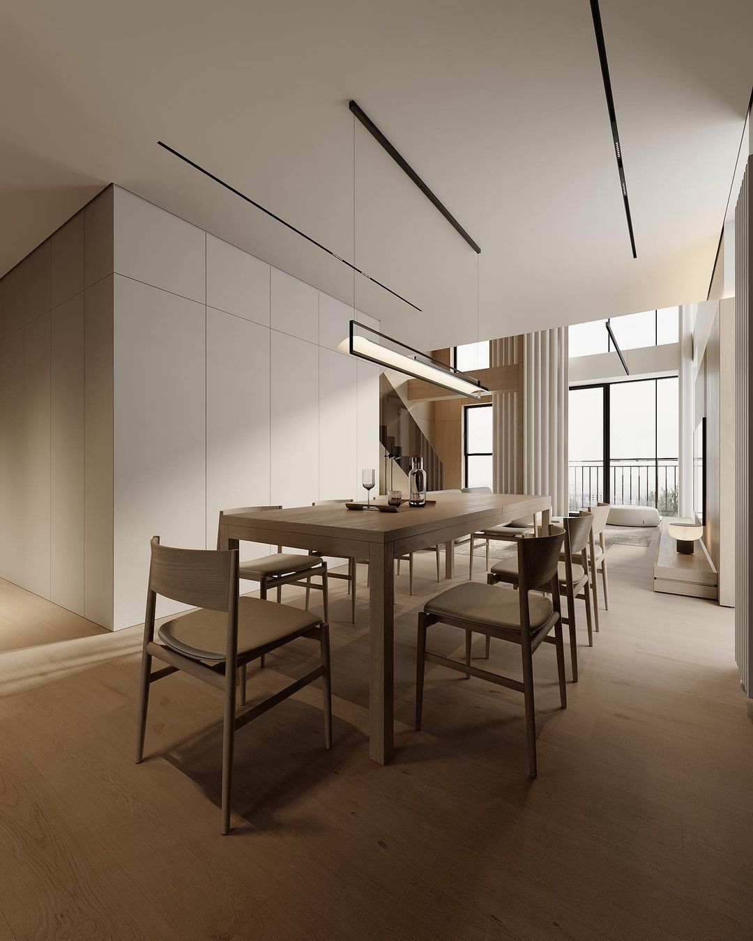 Modern minimalistic dining room with wooden table and chairs