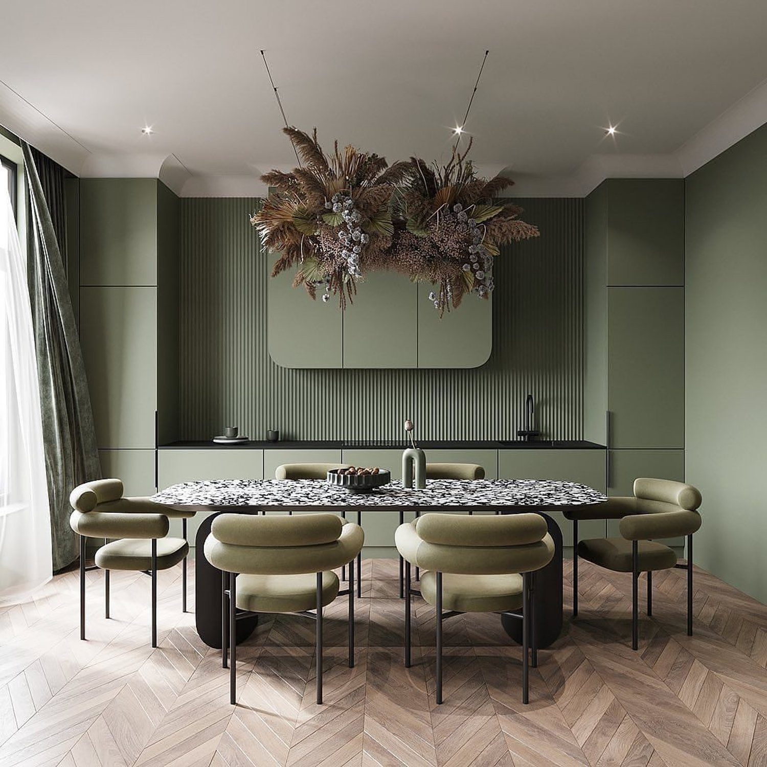 Elegant green-themed dining area with stylish furnishings