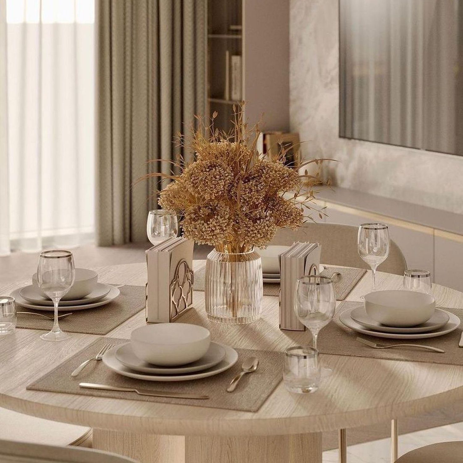 A neatly set dining table with modern decor