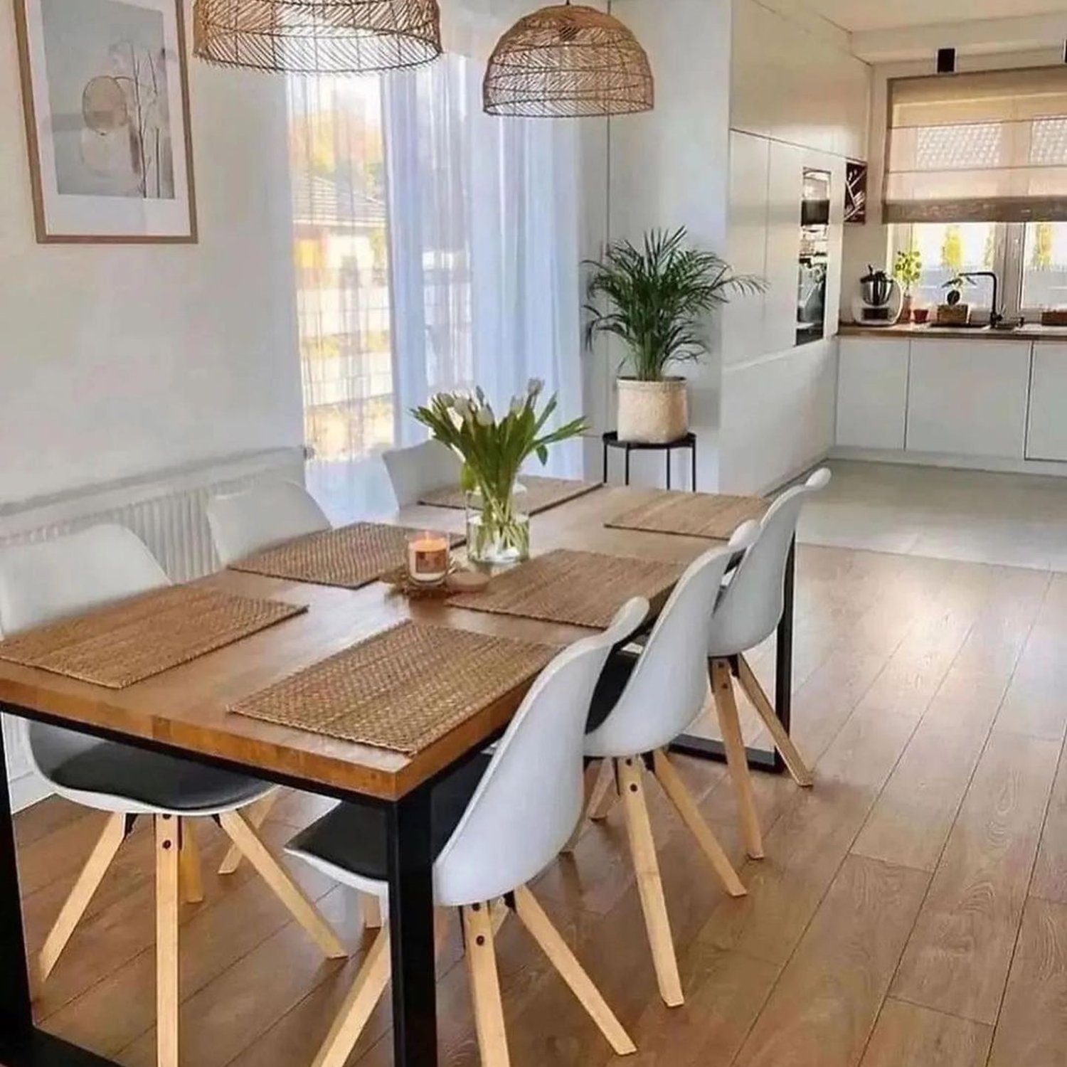 A neatly organized dining area with natural light