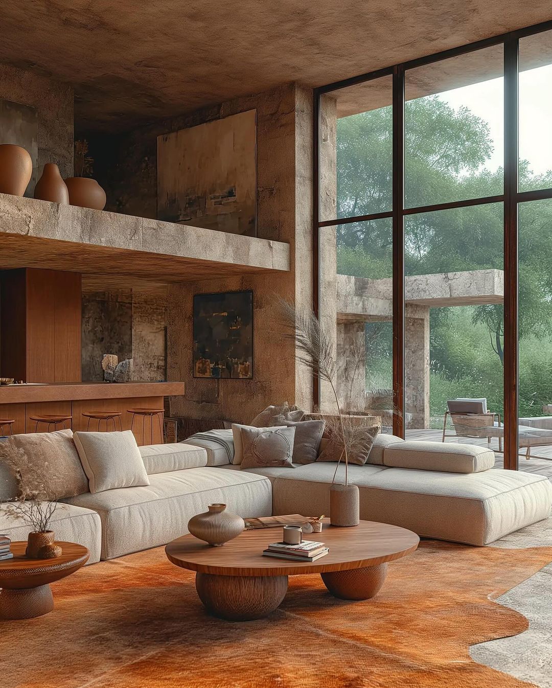 Warm and inviting living room with large windows and earthy tones