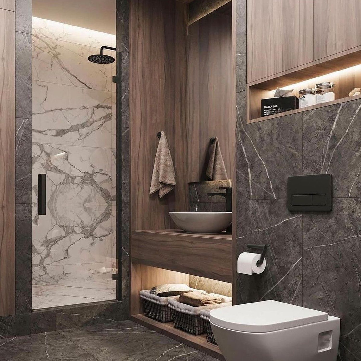 A modern and elegant bathroom design featuring marble and wood elements