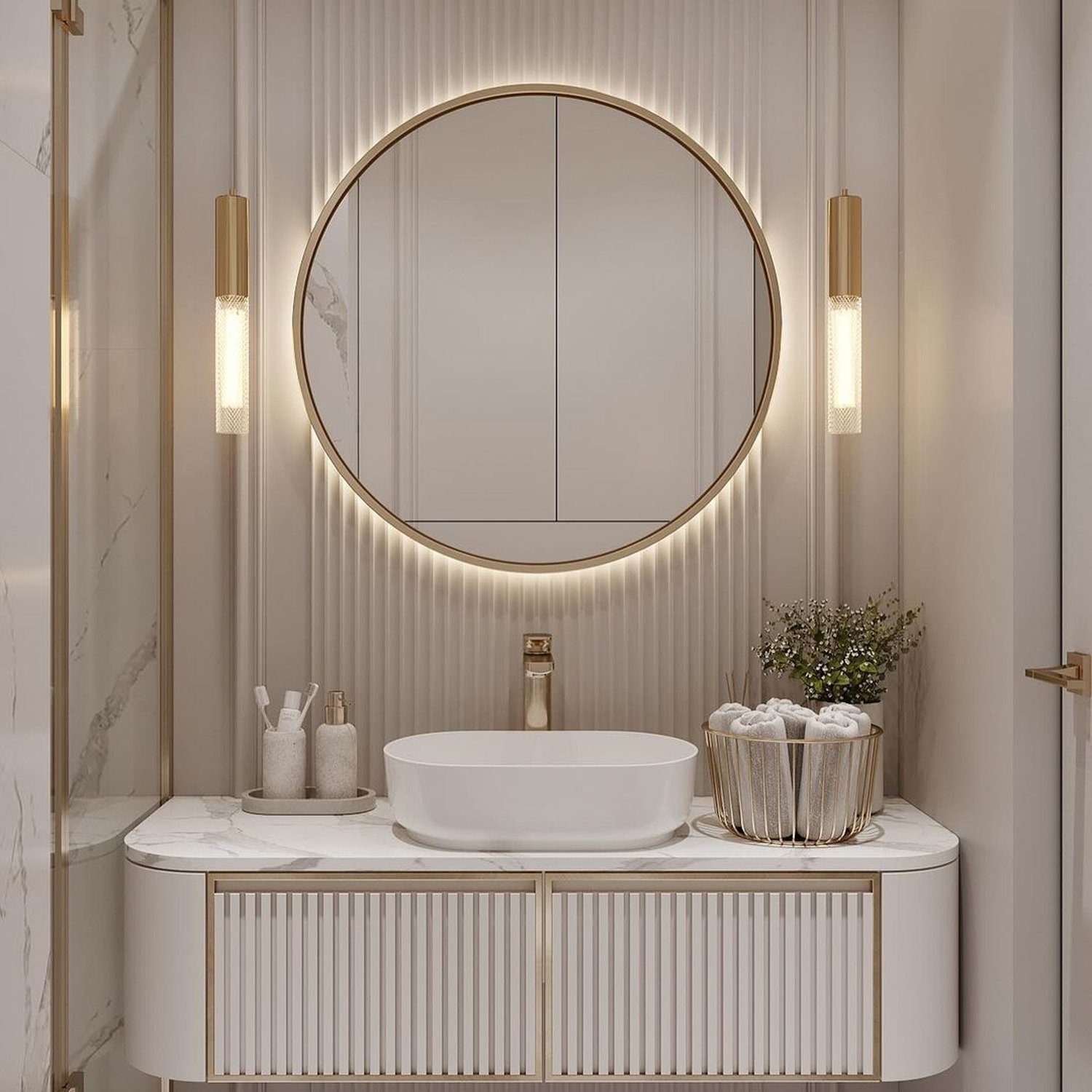 A modern and elegant bathroom design featuring a round mirror with backlighting