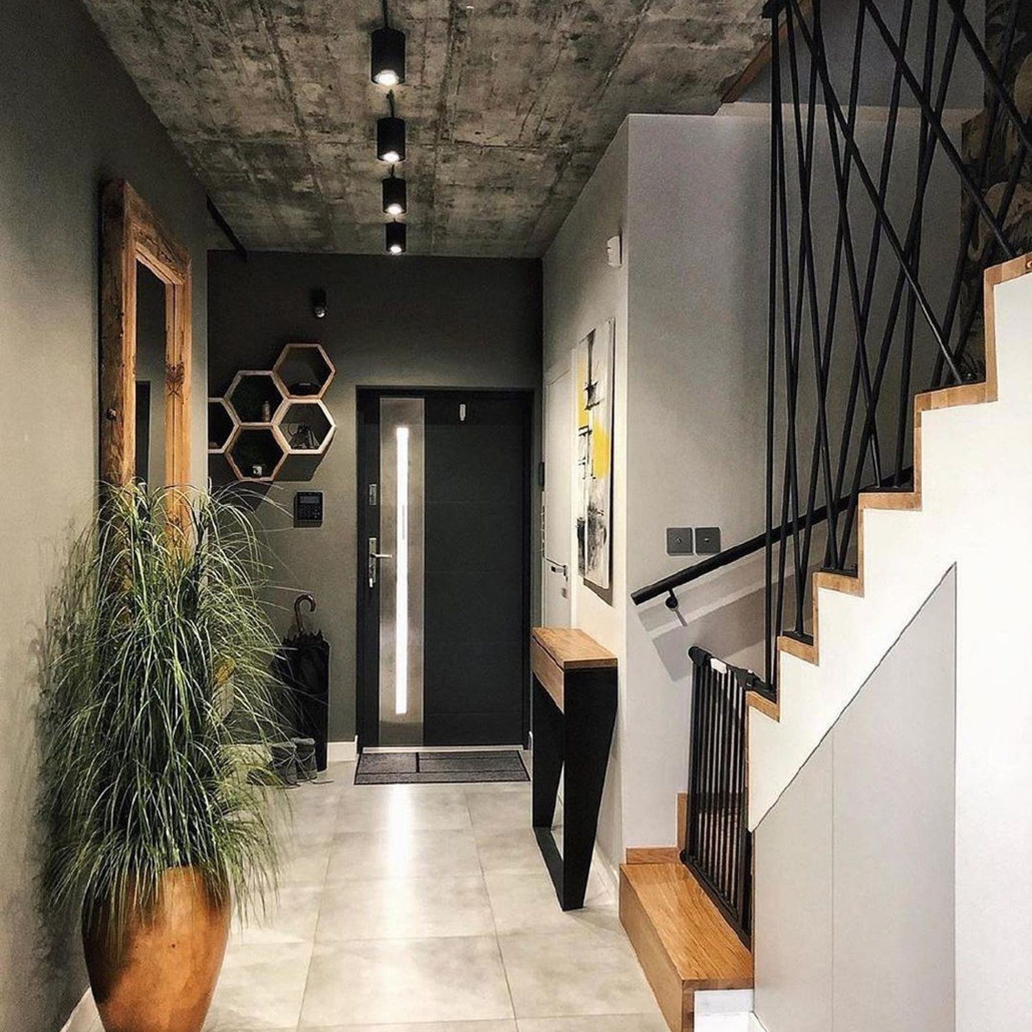 A modern entryway with industrial flair