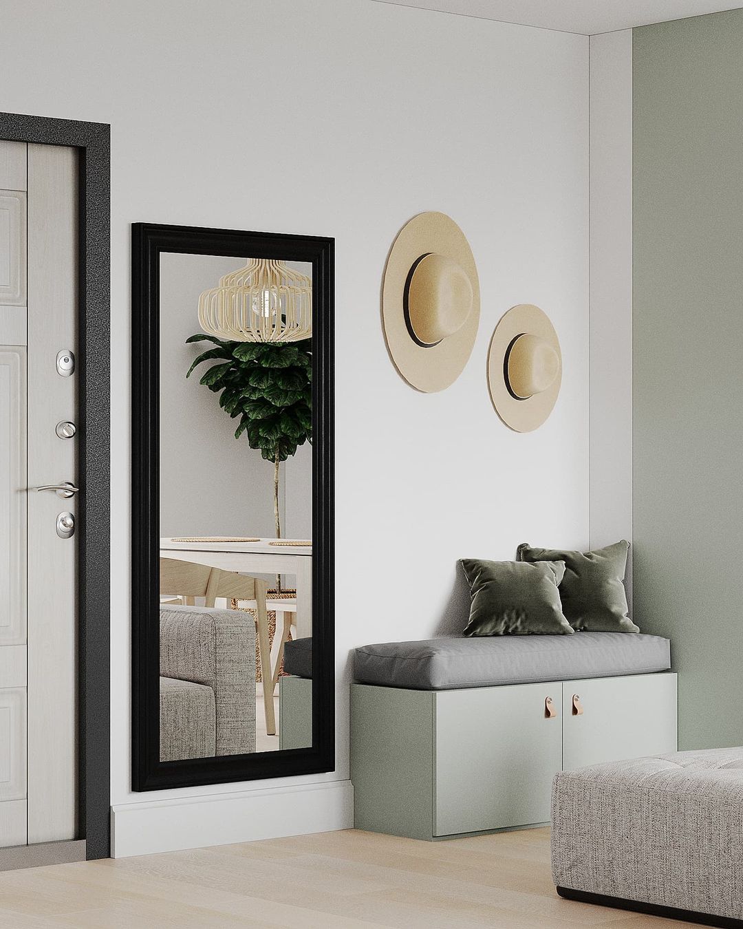 A minimalistic and modern entryway with a stylish bench, lush potted plant, and chic wall-mounted hats.